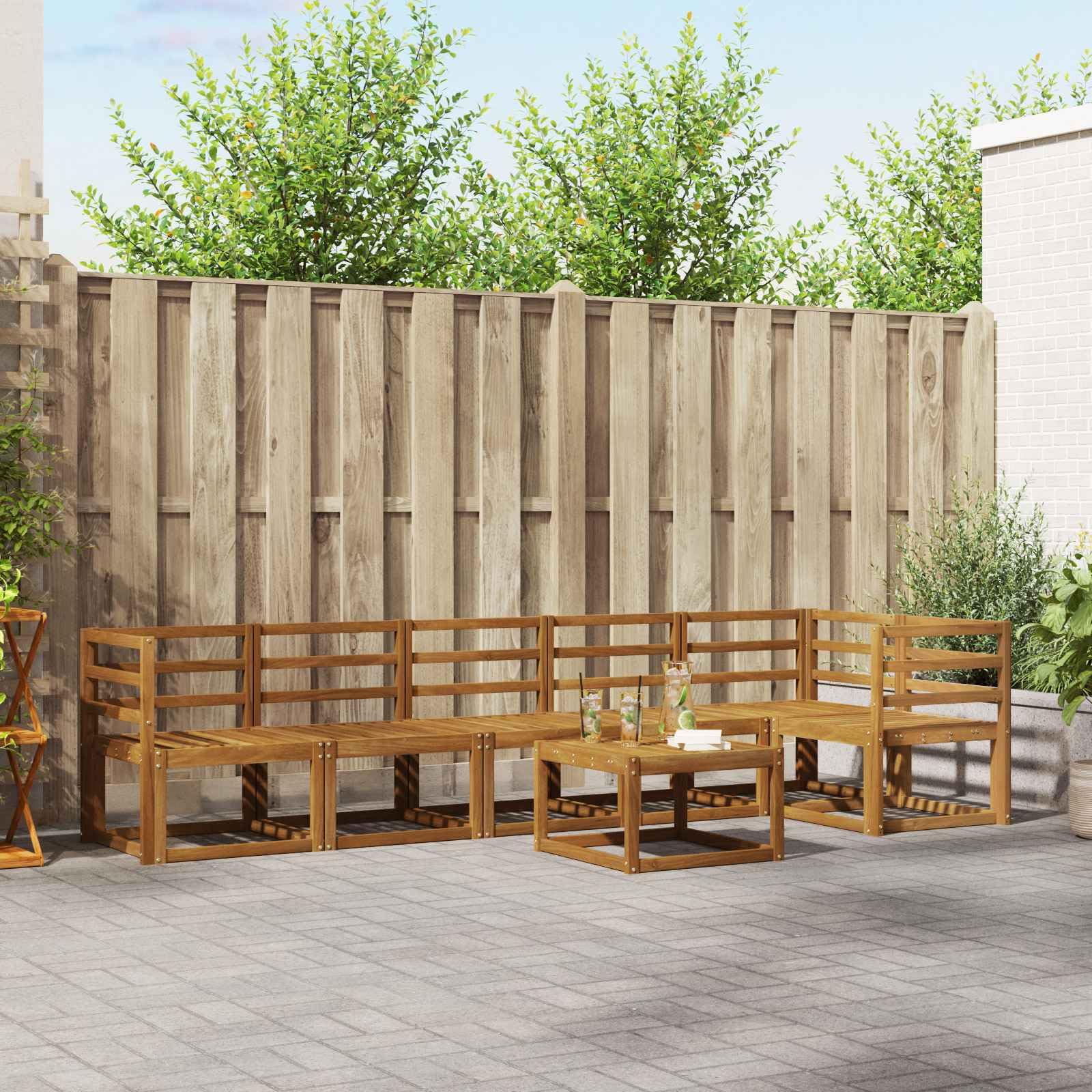 Set da 7 divani da esterni in legno di acacia, set modulare da giardino marrone naturale con poltrona angolare, sedili centrali e tavolo per giardino, terrazza e balcone