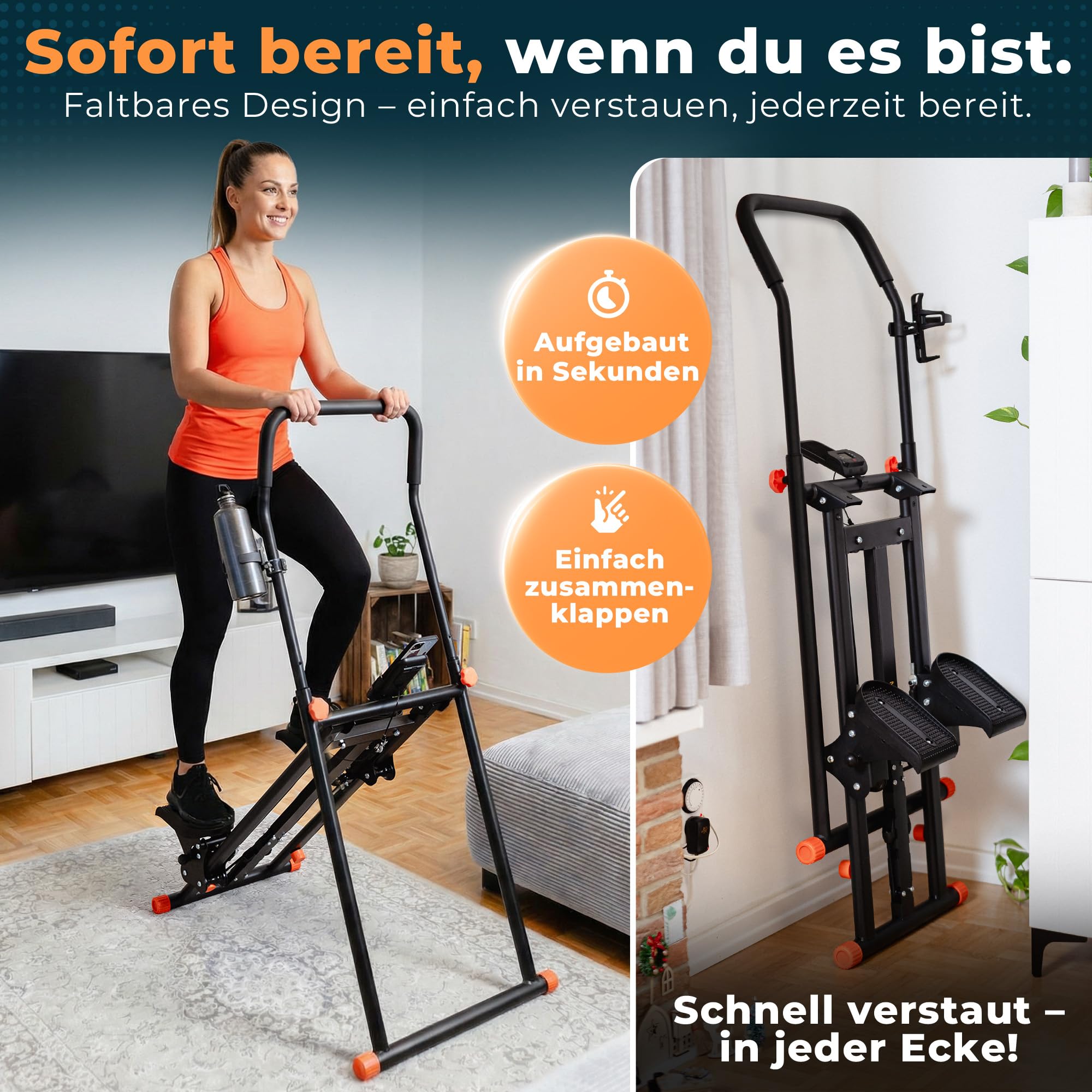 Stairmaster für Zuhause – Movana Treppensteiger Fitnessgerät mit 3 Schwierigkeitsstufen für Beginner, Testsieger, Handy- & Flaschenhalter, Cardio & Kraft, Stair Climber Stepper Heimtrainer