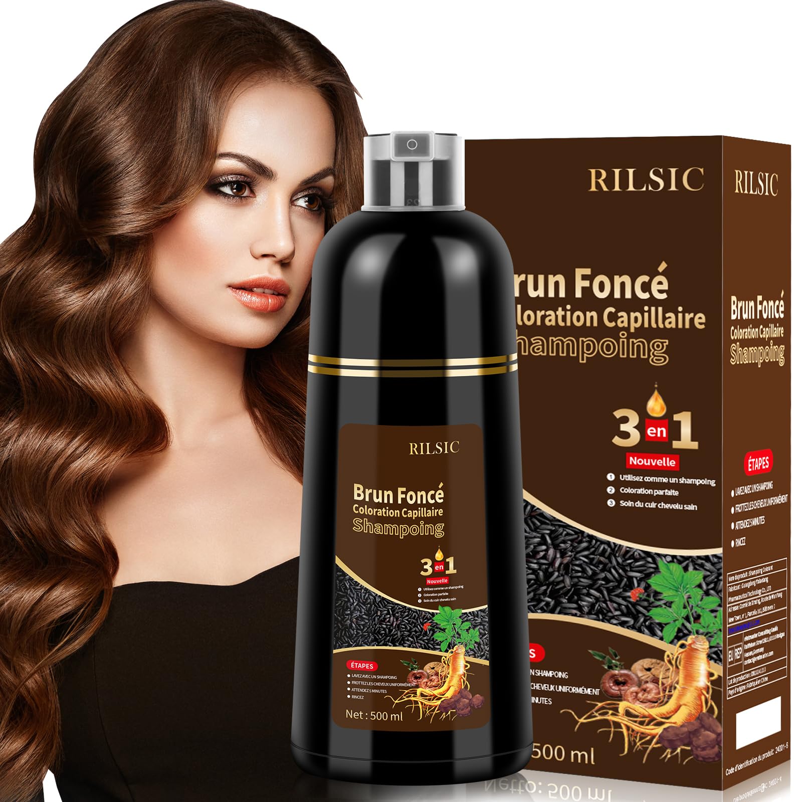 Shampoing Colorant Chatain Foncé, 500ml Shampooing Teinture Cheveux Blancs, Dark Brown Hair Dye Shampoo 3 in 1, Shampoing Cheveux Colorés Instantanée (Chatain Foncé)