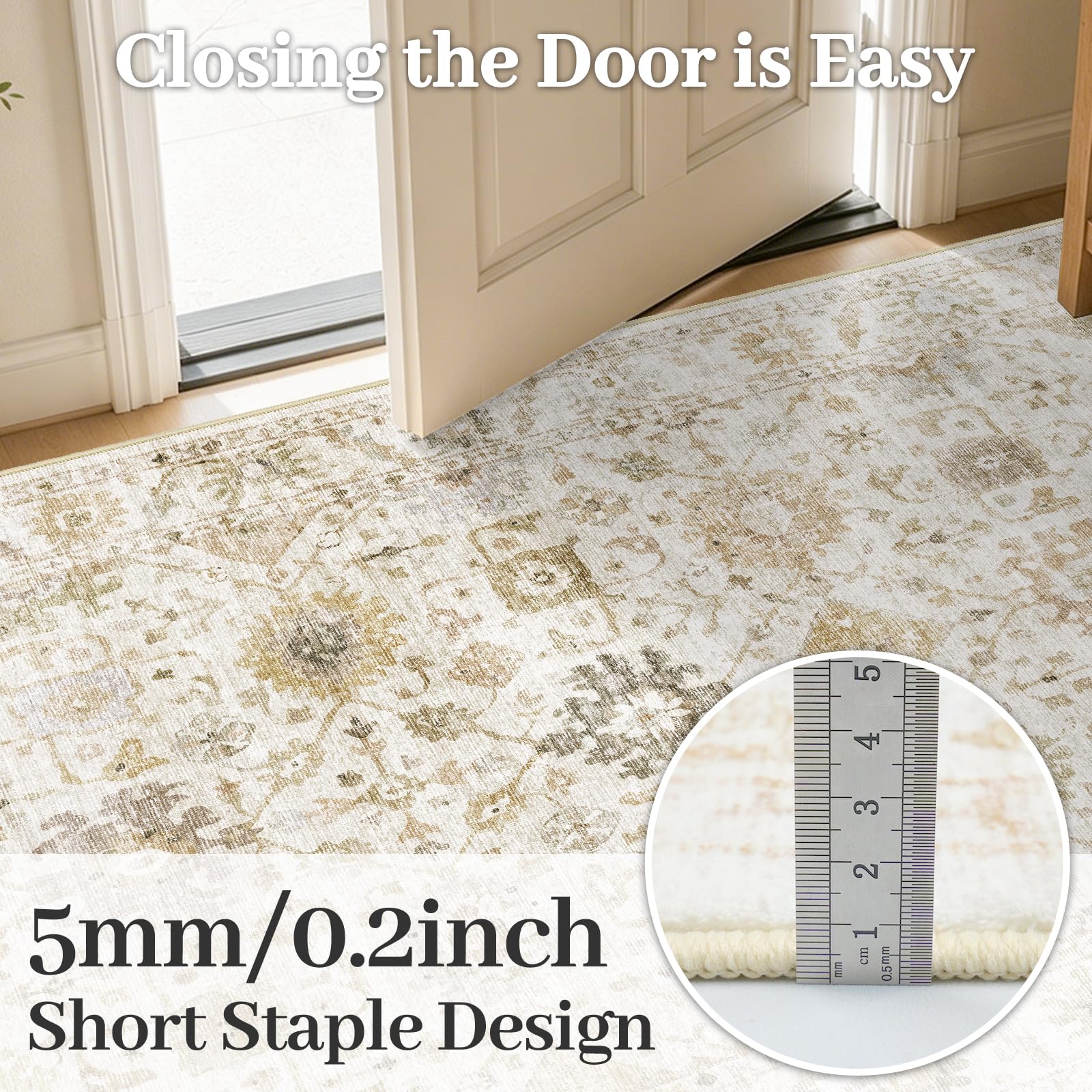 Capslpad Tapis vintage à poils courts, antidérapant, lavable, style bohème, doux, pour salon, chambre à coucher, bureau, salle à manger, 160 x 230 cm, beige