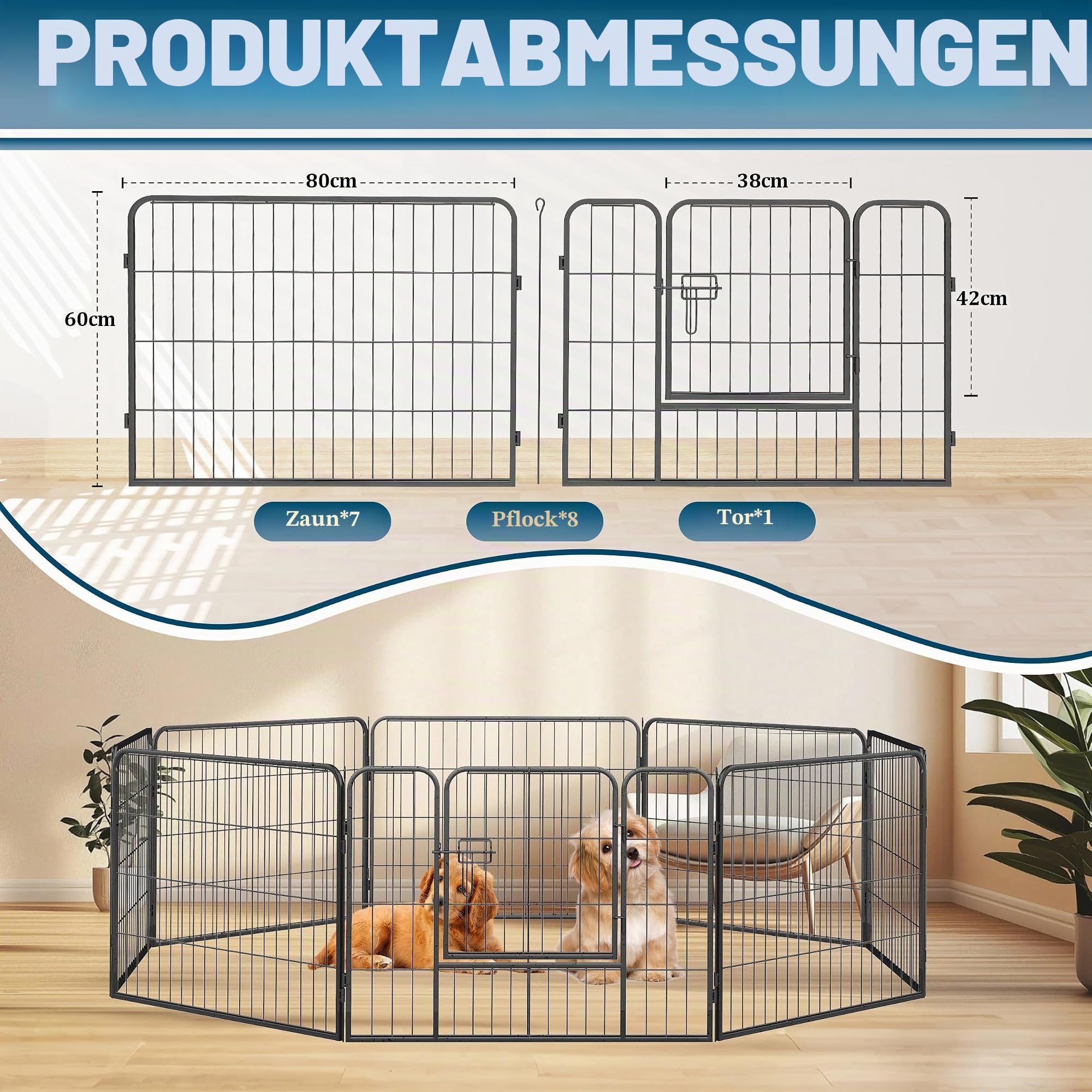 Zaun für Hunde, Set mit 8 Klappbaren Paneelen (80L x 60H cm)