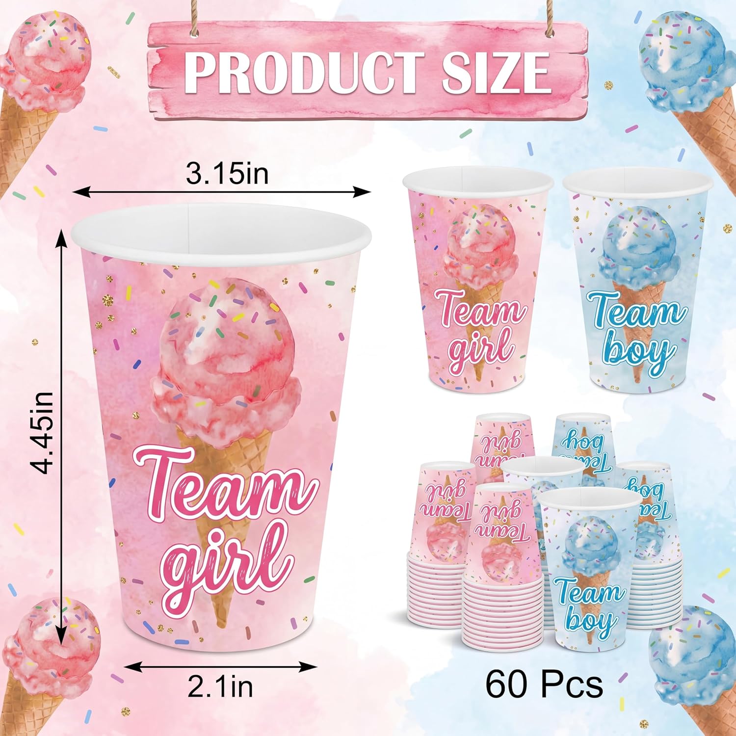Yungyan 60 Pack What's The Scoop Gender Reveal Party Cups 12 oz Disposable Paper Cups with Ice Cream Team Boy Team Girl Blue and Pink Baby Shower Decorations Summer Party Supplies