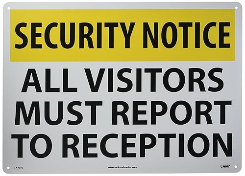 NMC sn10ac Seguridad Señal Legend Informe AvisoTodos los visitantes debe de seguridad a la Recepción 20 longitud x 14 de altura aluminio