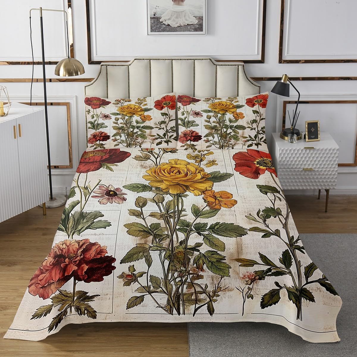 Erosebridal Vintage Floral Quilt Set Twin Size for Kids Boys Girls,Patchwork Flower Coverlet Set,Groovy Daisy Bedspread Set,Garden Wildlife Bed Cover