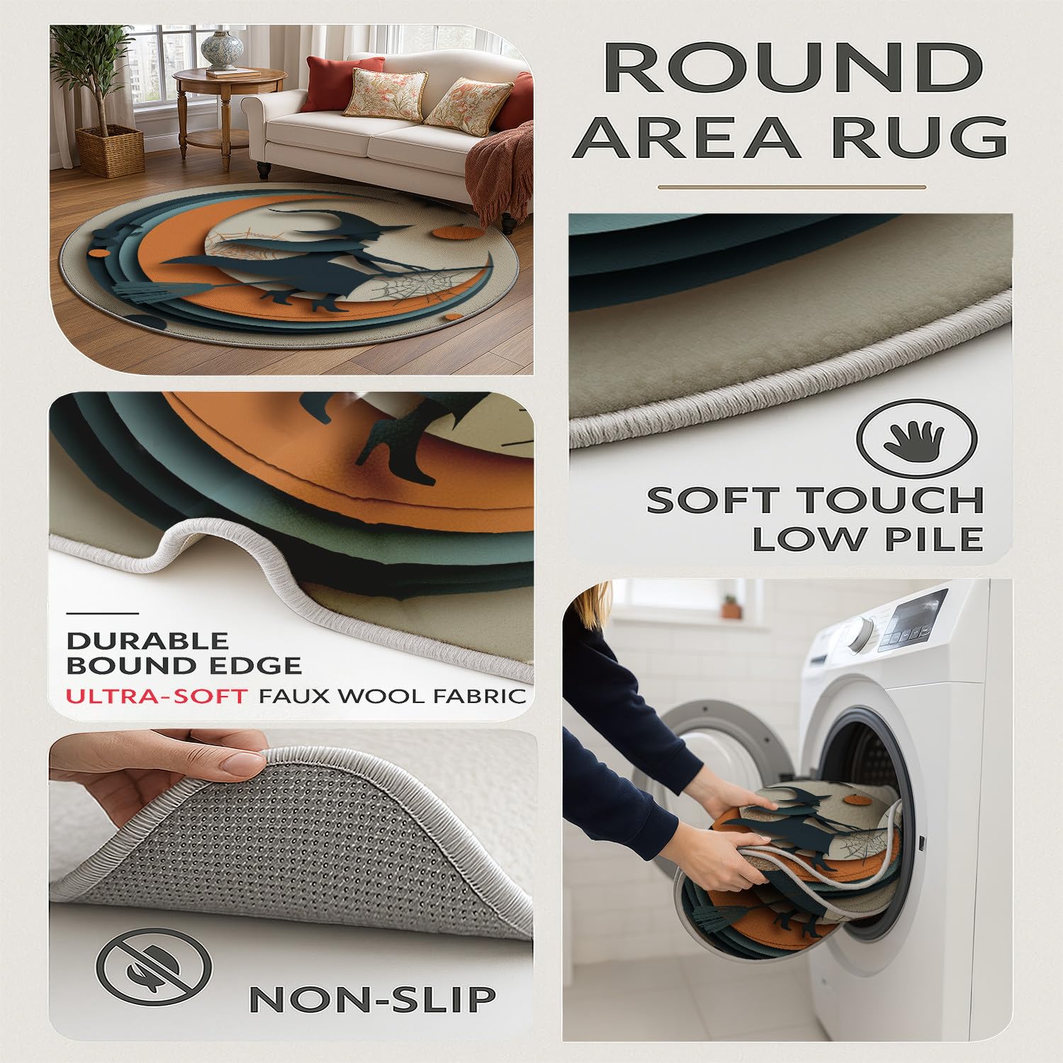 Générique Tapis Rond 100 cm Diamètre Table Basse Coloré, Art du Papier Découpé Sorcière Lune Toile Moelleux Tapis à Poils Courts pour Entrée