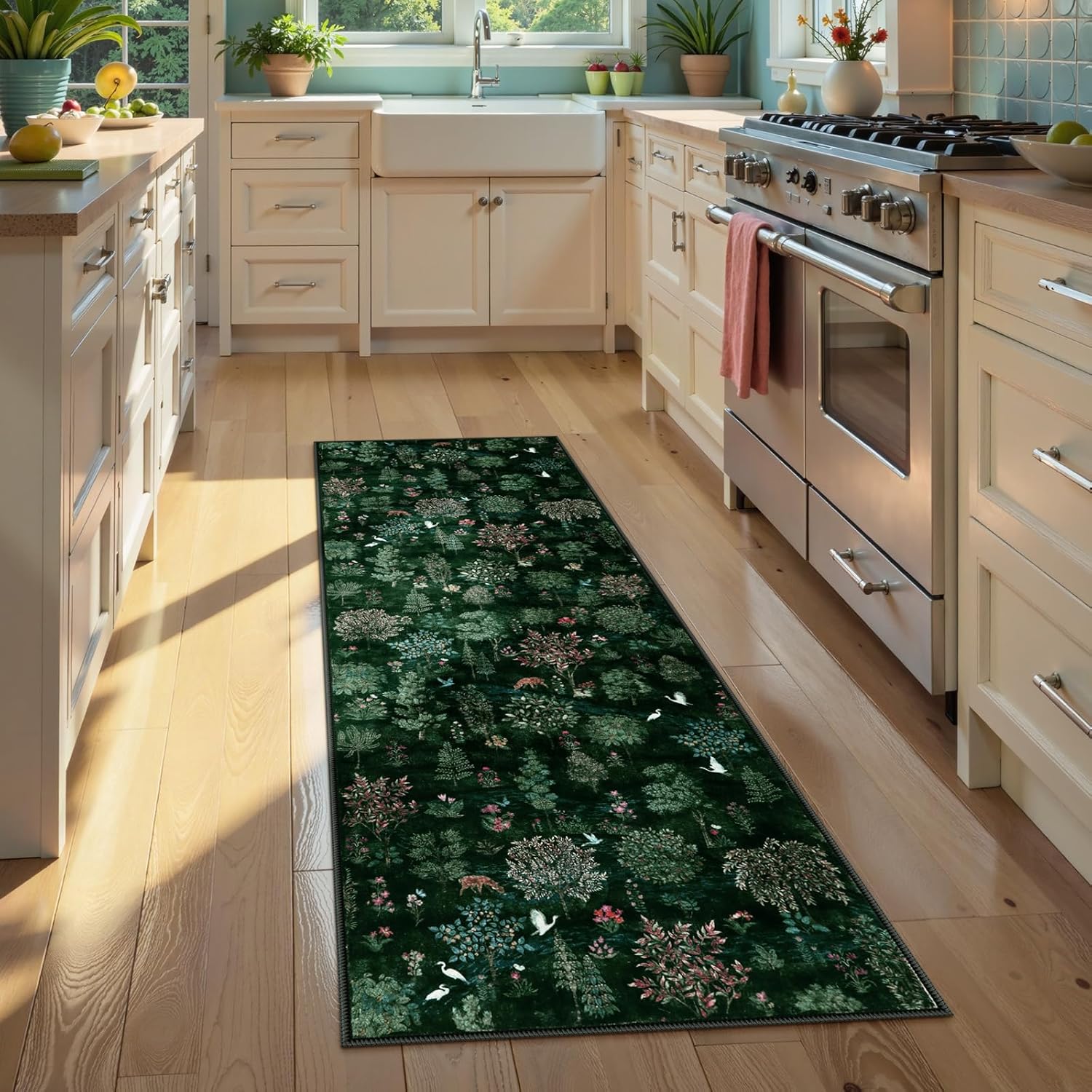 Wonnitar Washable Hallway Runner Rug, 2'6"x8' Dark Green Kitchen Runner Rugs, 8ft Non Slip Stain Resistant Forest Woodland Print Decor Carpet for Entryway Bedroom Laundry Bathroom