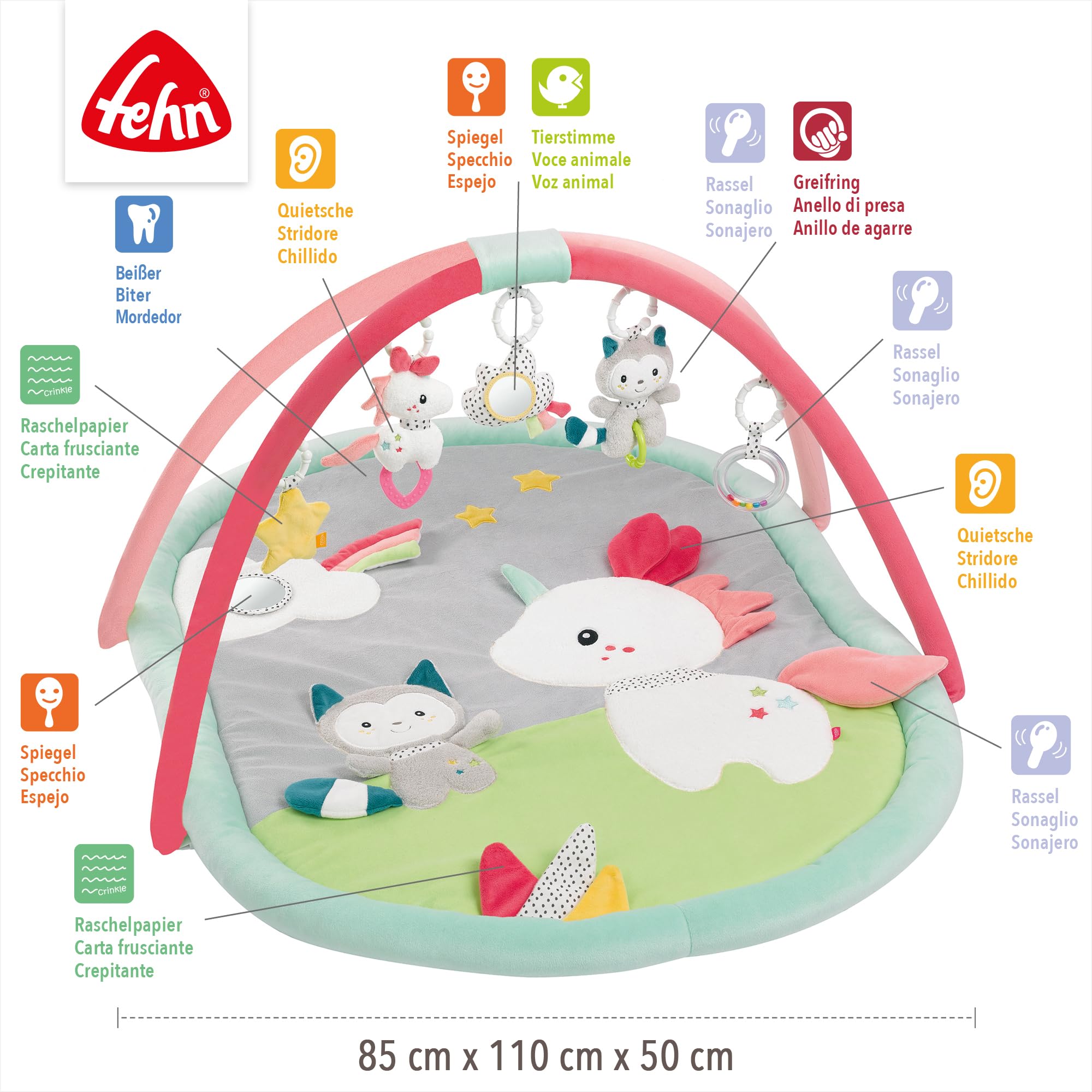 Fehn coperta attività 3D arco di gioco Aiko e Yuki - Tappeto da gioco con 5 giocattoli rimovibili da afferrare - per neonati e bambini a partire da 0+ mesi - come regalo per la nascita