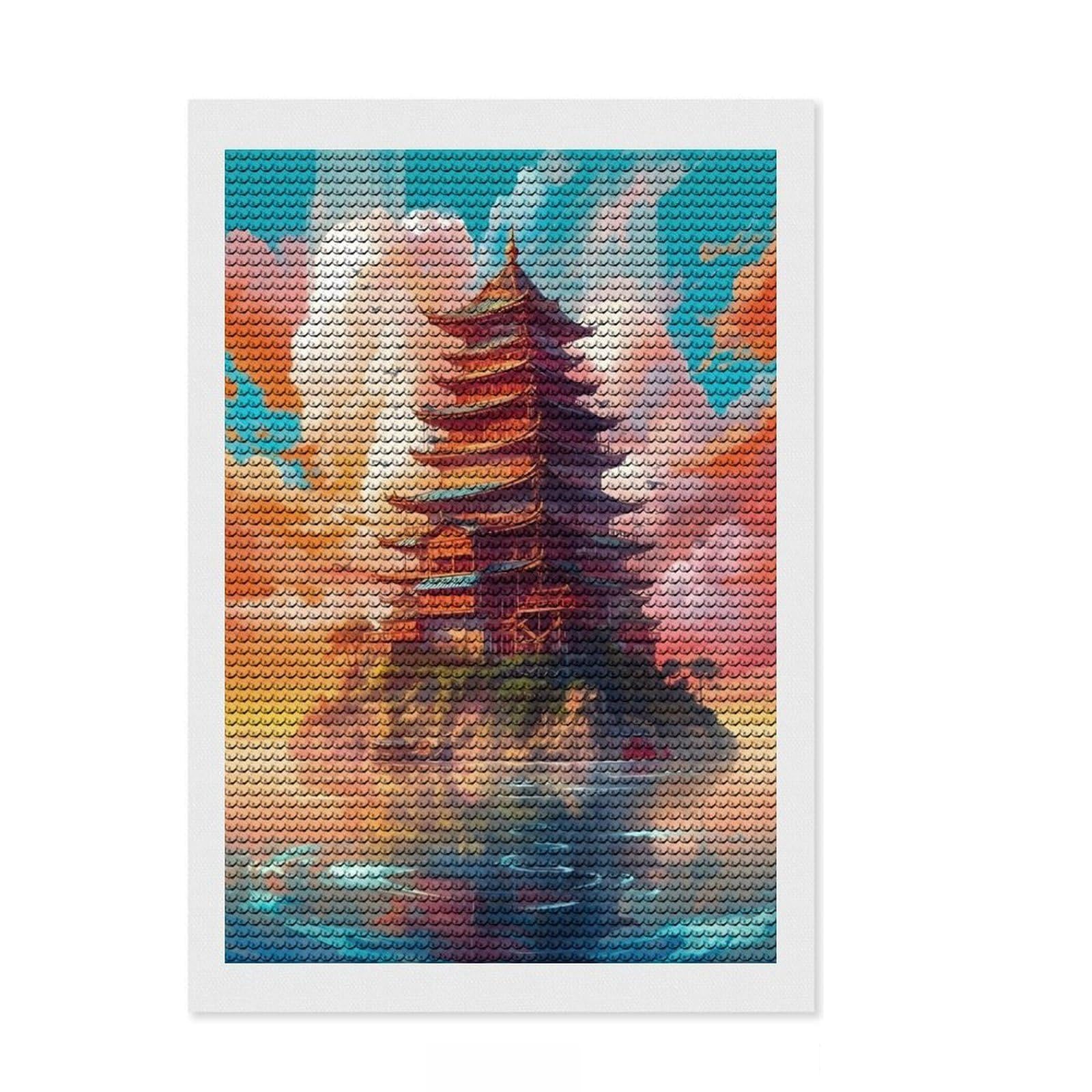 Junmoney Pagoda Island Diamond Painting Kit 8"x12", Home Wall Decor, for Women, Creative Leisure Activity, Festive Craft Gift
