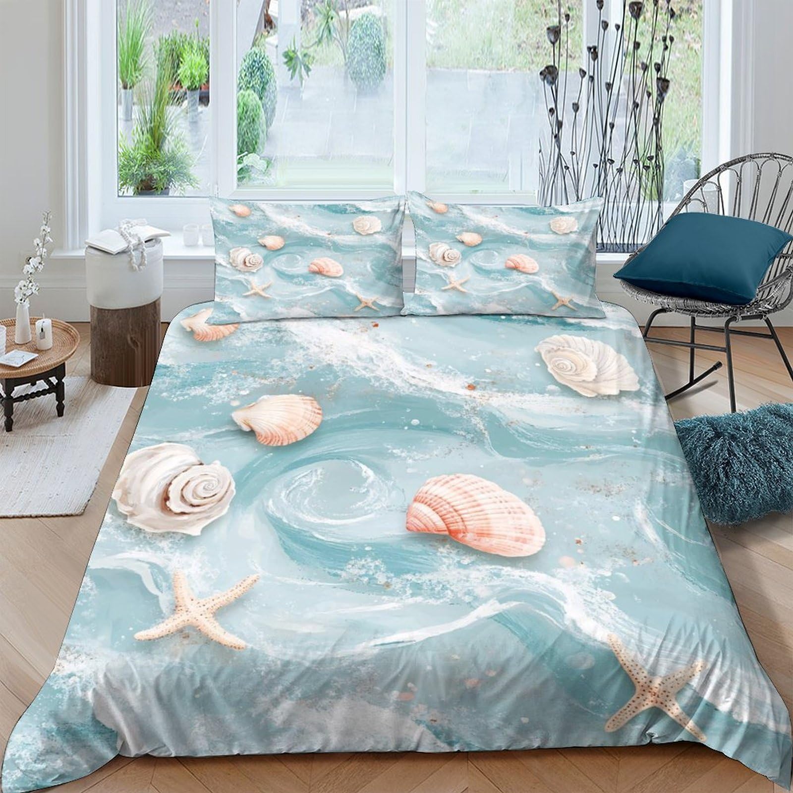 GPLZQXKJNH 3D Printed Ocean Seashell Duvet Cover Microfiber Soft Breathable Starfish Quilt Cover Set with 2 Pillowcases for Bedroom Decor Single（135x200cm）