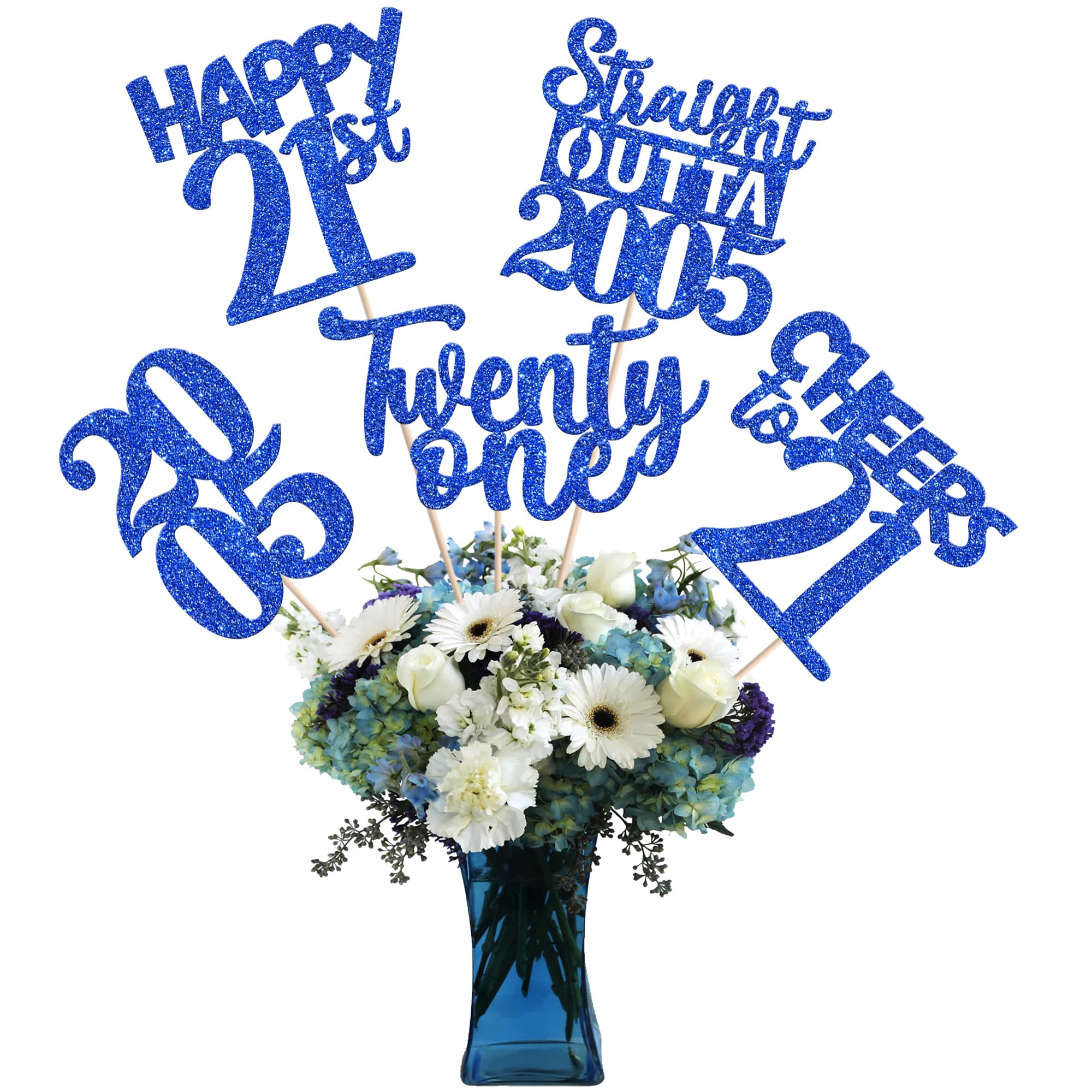 15 PCS 21st Birthday Centerpiece Sticks Twenty One Happy 21 Straight Outta 2005 Table Flower Centerpieces Sticks Cheers to 21 Floral Decorations for 21st Birthday Party Centerpieces Supplies Blue