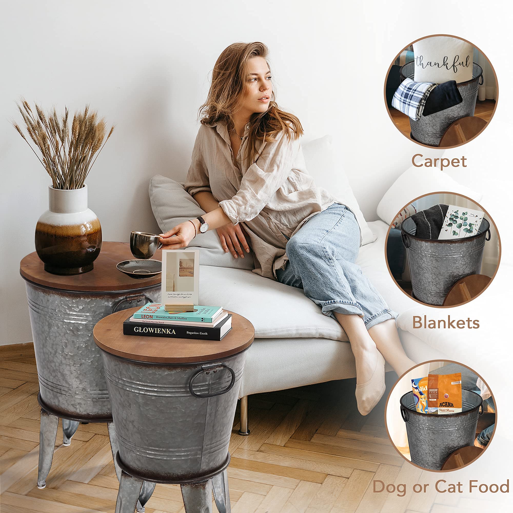 RUSTOWN Farmhouse Side Tables Set of 2, Galvanized Metal Bucket End Table | Storage Metal Bin with Round Wooden Lid, Accent Side Table, Rustic Antique Cocktail Table for Living Room, Bedroom, Outdoor