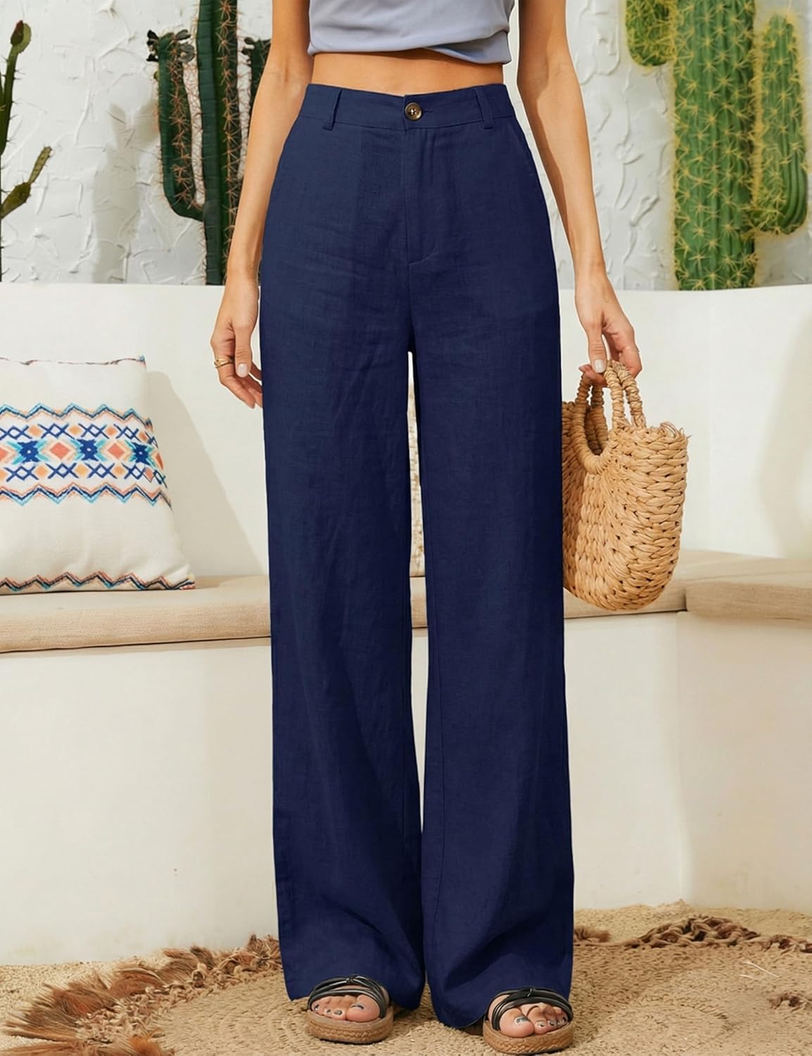 Hooever Womens Casual High Waisted Wide Leg Pants Button Up Straight Leg Trousers - Image 3