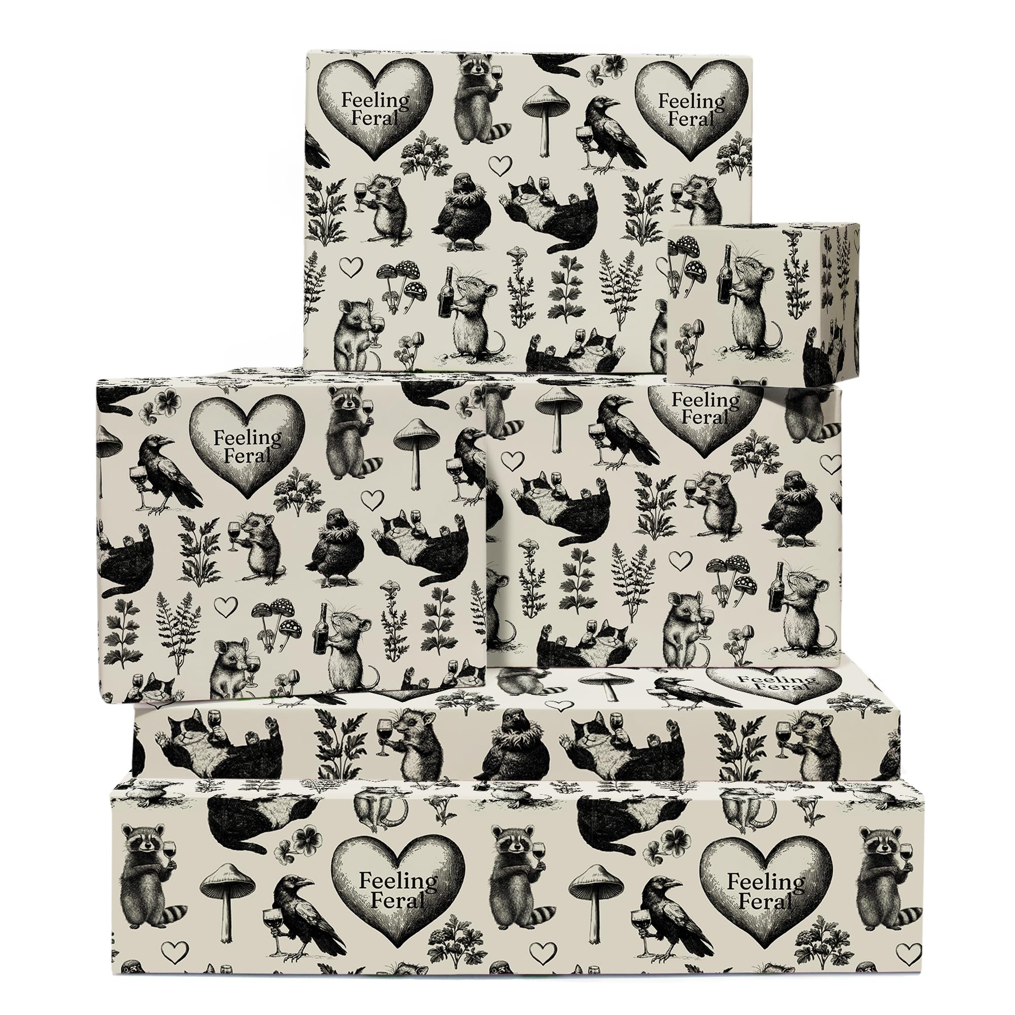 Animal Wrapping Paper - 6 Sheets Of Gift Wrap - Feeling Feral - Funny Wrapping Paper For Men Women - Woodland Animals Vintage Monochrome - Comes With Stickers - By Central 23
