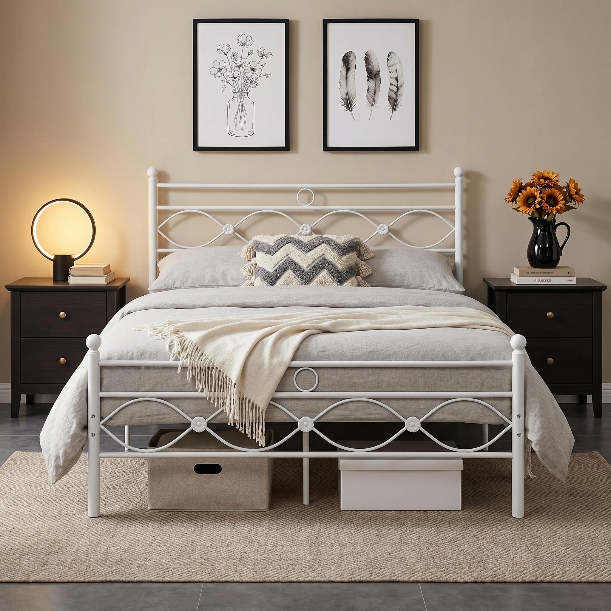 Panana Metal Bed Quality Frame Double Size Metal Platform Bed Frame with Headboard Mattress Foundation (White, 4FT6)