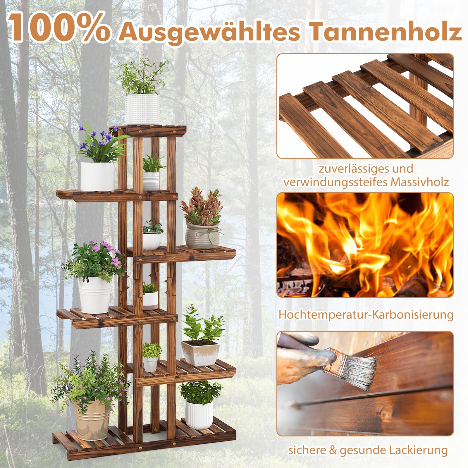 RELAX4LIFE Blumenständer Holz, Pflanzenständer 6 Ebenen, freisthendes Pflanzenregal für Wohnzimmer & Balkon & Garten, Blumenregal mit karbonisierter Textur, bis zu 60 kg belastbar (75 x 25 x 140 cm)