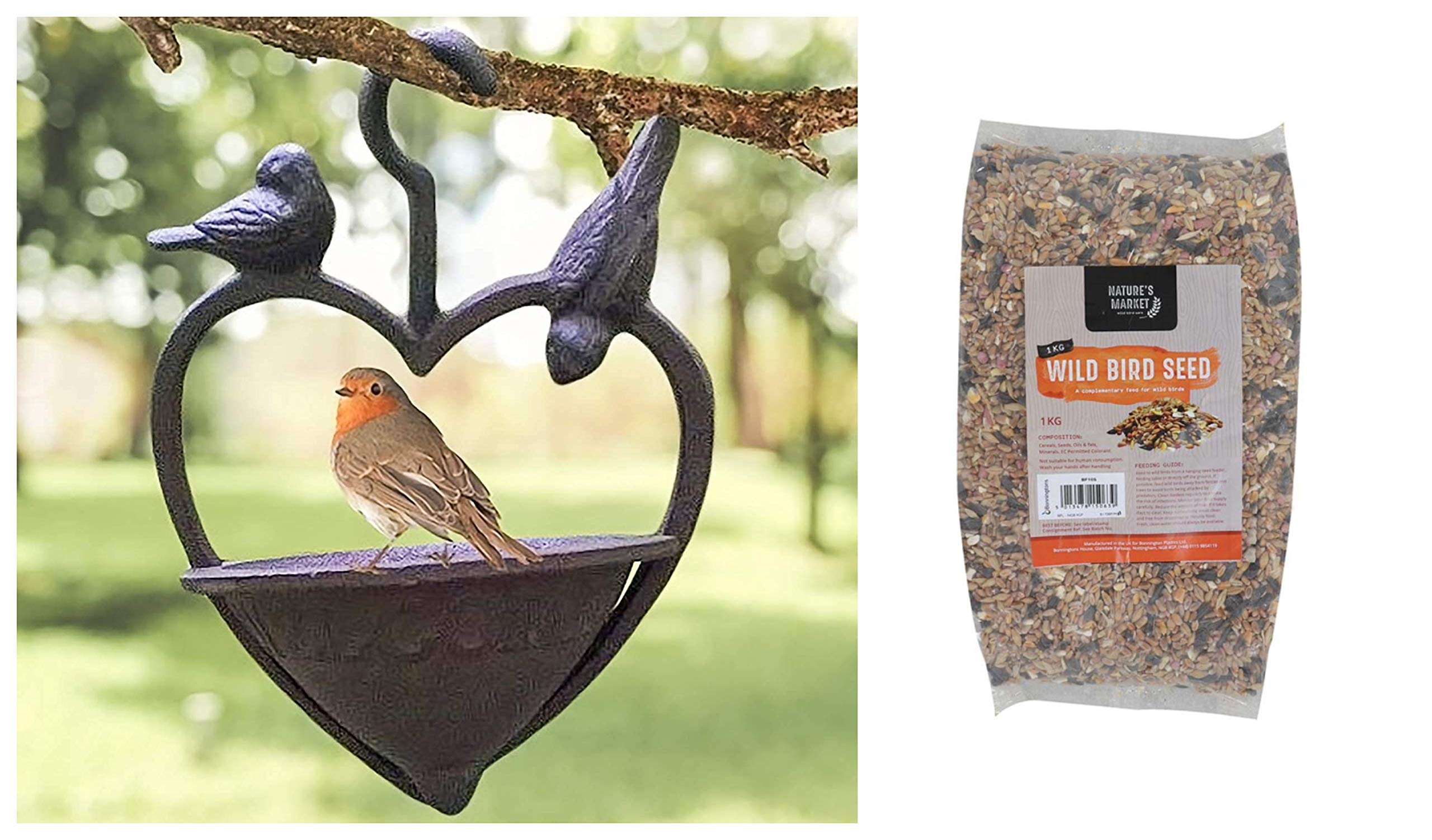 garden mile® Cast Iron Heart Bird Feeder with 1kg Bag of Bird Feed Seed Hanging Bird Nut Seeds Bird Feeder Outdoor Garden Patio Wild Birds Wildlife Food