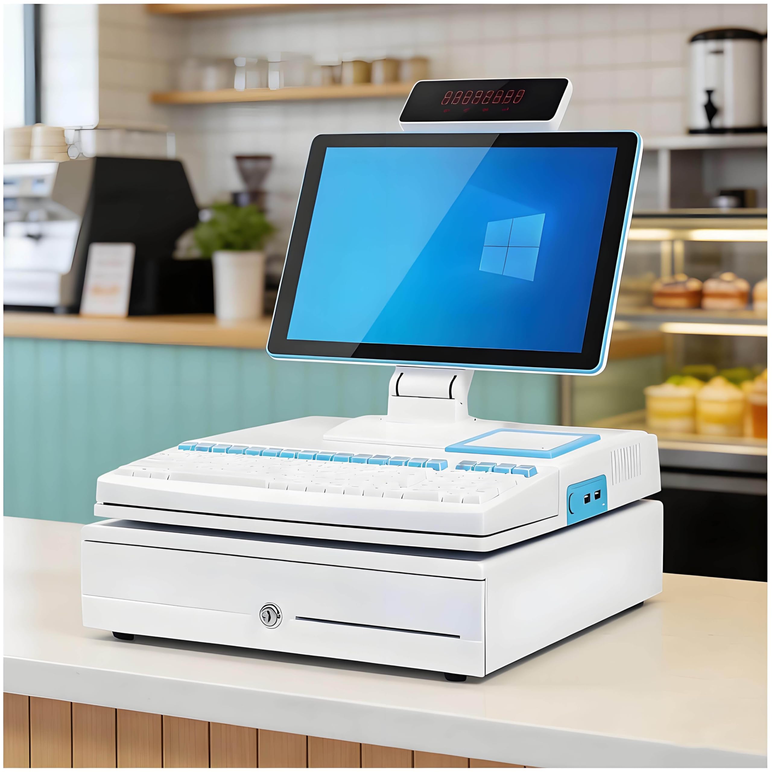 Inteligentna Kasa Fiskalna All-in-One, z Monitorem Ekranowym 15,6", Szufladą na Gotówkę, Drukarką 58mm, Skanerem Kodów Kreskowych dla Handlu Detalicznego i Gastronomii SingleScreen-White&Blue