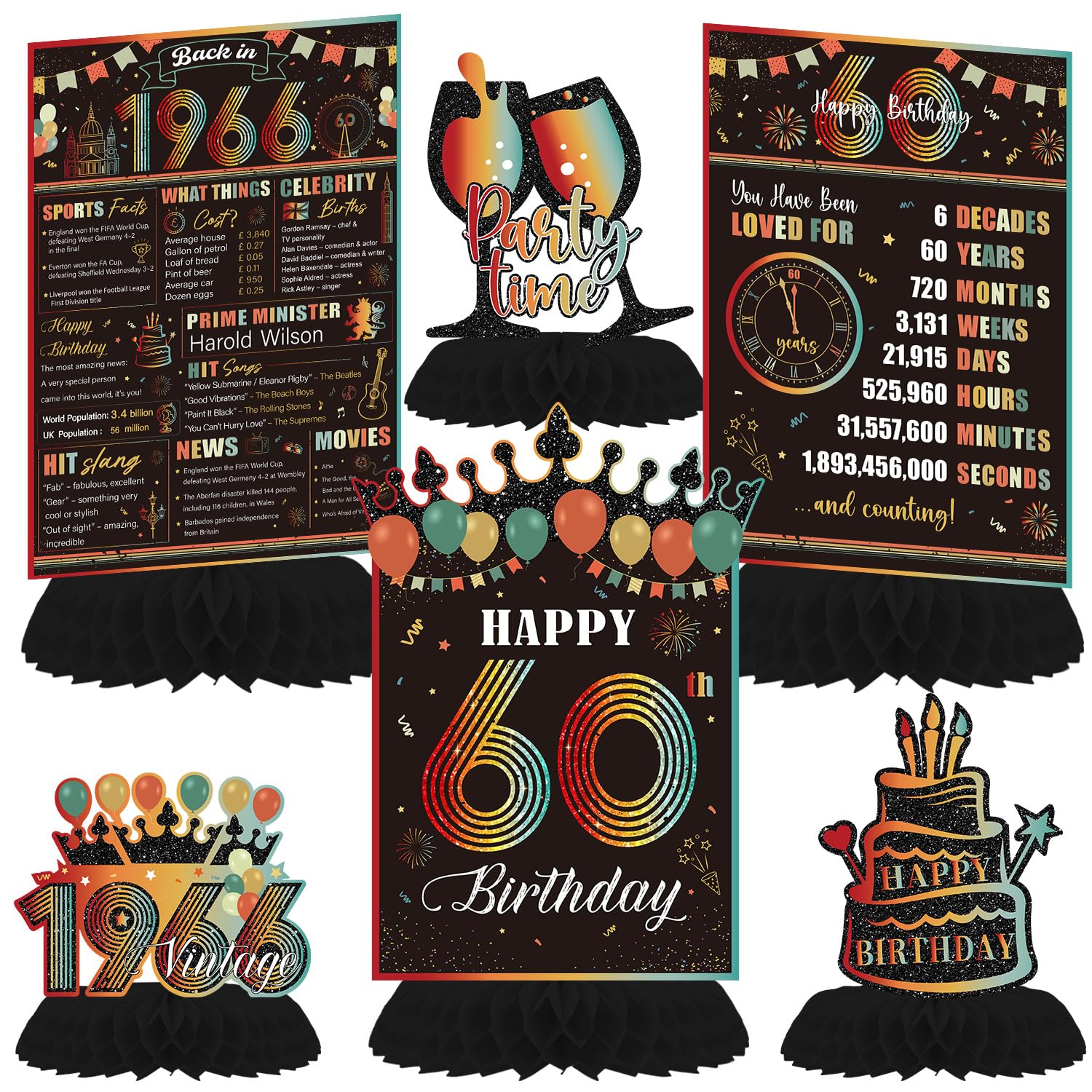 Luvart 60th Birthday Decorations, Vintage 1966 Birthday Table Decorations for Party Men Women, 6PCS 60 Year Old Honeycomb Centerpieces Decor Supplies