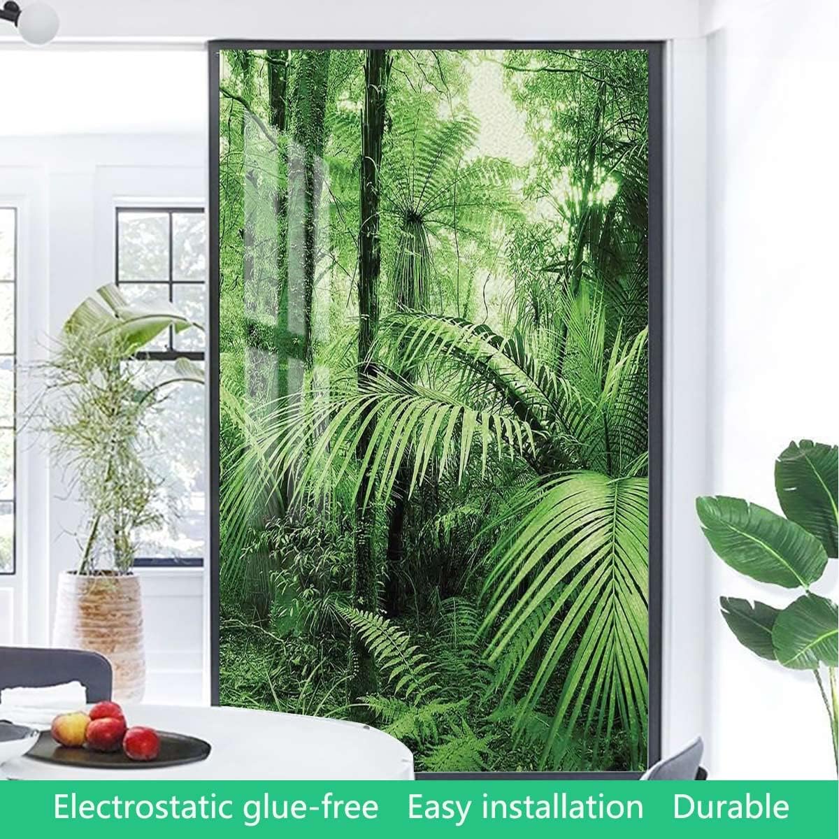 Green Frosted Stained Glass Window Cling Leaf Design Palm Trees Plants in Tropical Jungle Nature Self-Adhesive Privacy Protection Window Stickers Rainforest 23.6Wx59L-inch