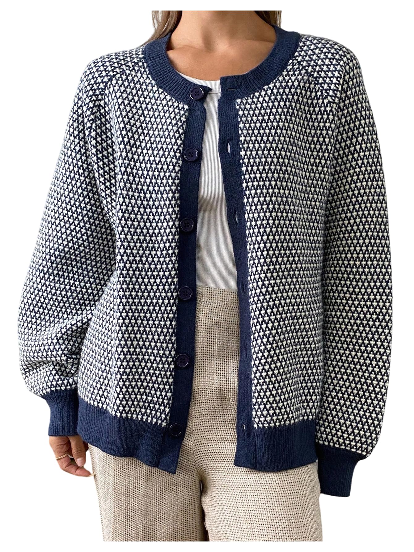 Womens Plaid Button Down Cardigans Crew Neck Long Sleeve Sweaters Knit Tops