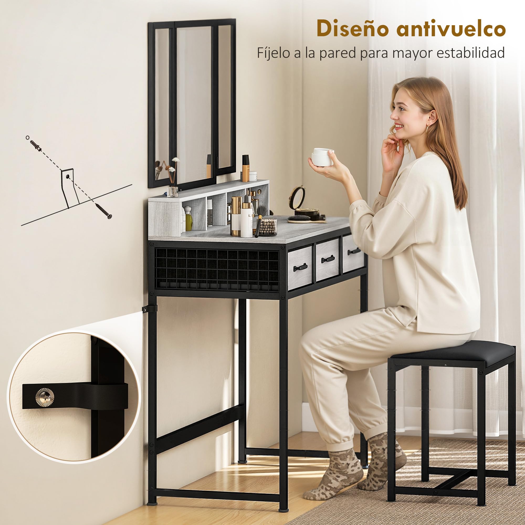 HOMCOM Tocador de Maquillaje con Espejo Tríptico Desmontable en Gris | Tocador con Taburete, 3 Cajones de Tela, Estantes, Soporte para Secador de Pelo, Cesta Metálica, Dormitorio, Vestidor