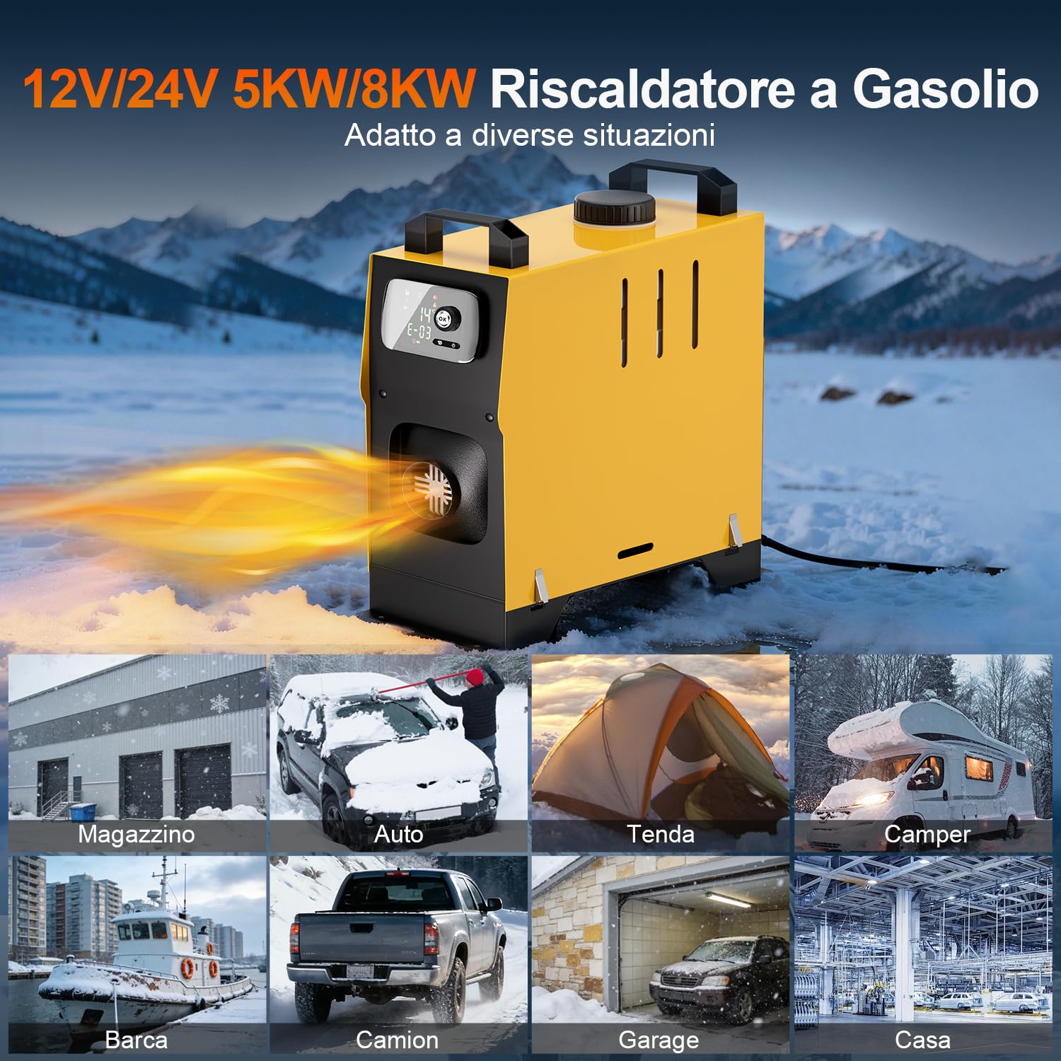SOLAVERO Riscaldatore Diesel 12V 8KW, Riscaldatore d'aria Diesel con LCD, Controllo Bluetooth e Telecomando, Riscaldamento Rapido, Consumo di Carburante 0.16-0.45L/h per Camion, Barca, RV