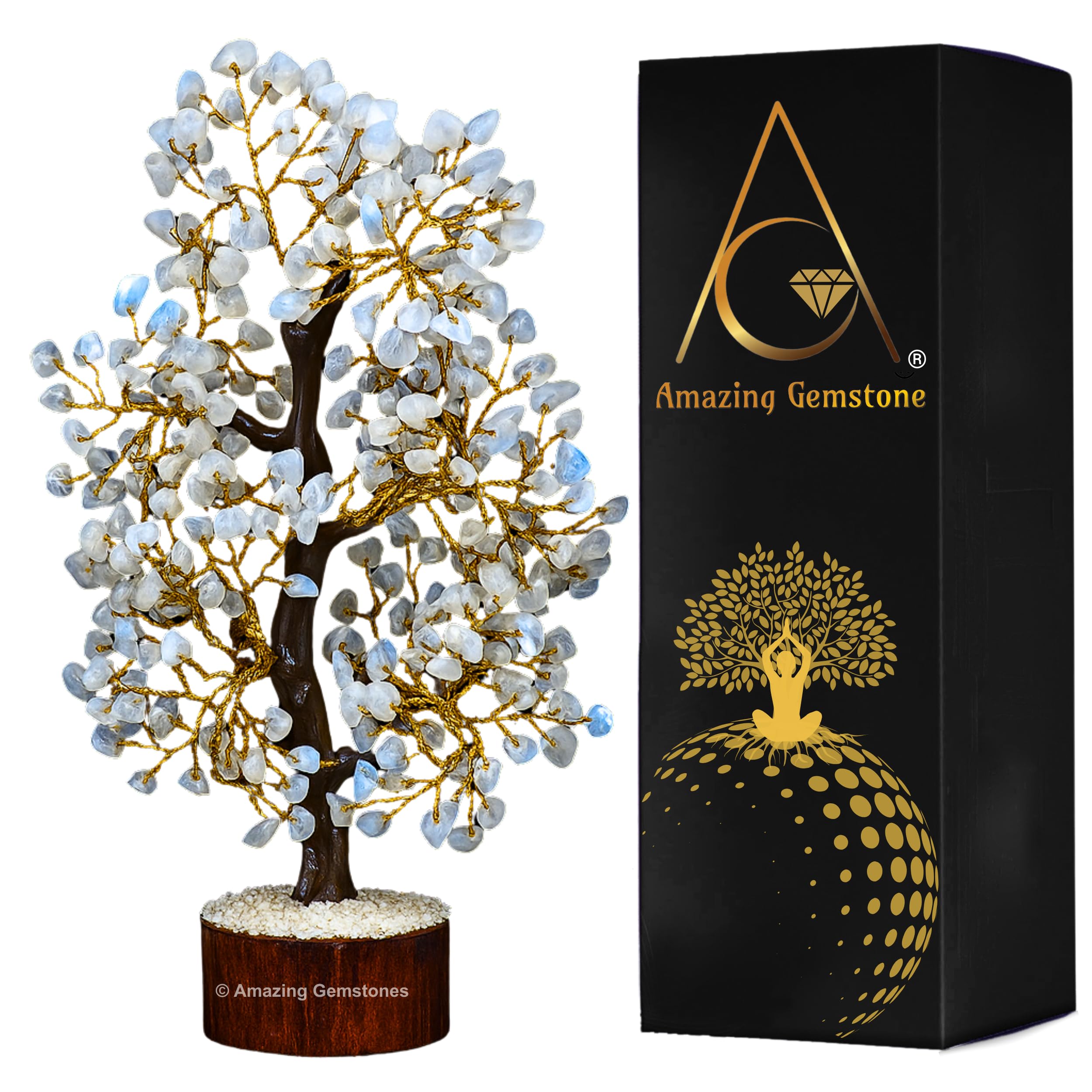 Rainbow Moonstone Natural Healing Premium Crystal Bonsai Feng Shui Fortune Money Tree of Life for Home Office Decor (Gift Box Ready,10-12 Inch)