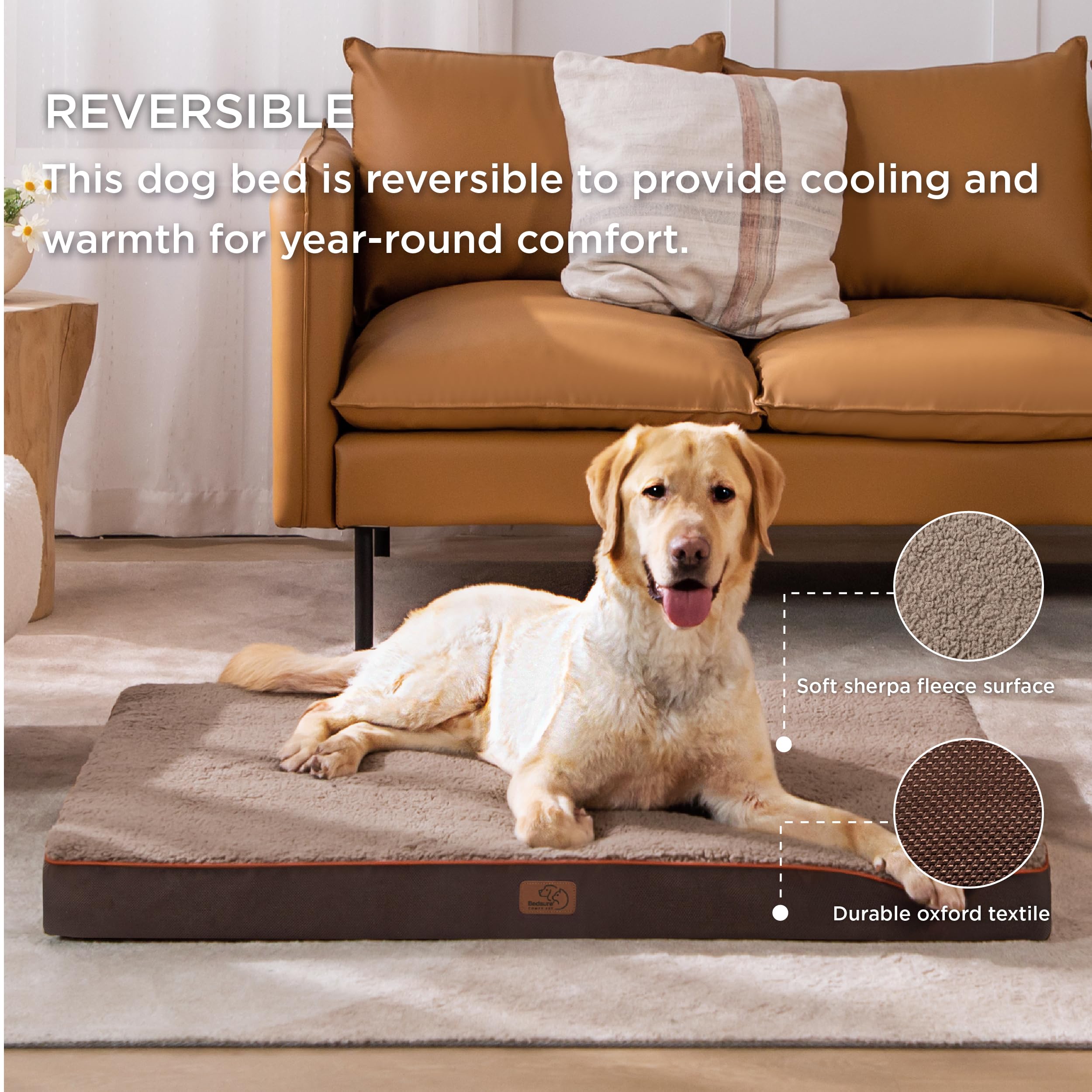 Bedsure Cuscino per Cane Gande - Materassino per Cani Taglia Grande Interno Cuscino Cane Sfoderabile Lavabile 112x81x7.6 cm, Marrone