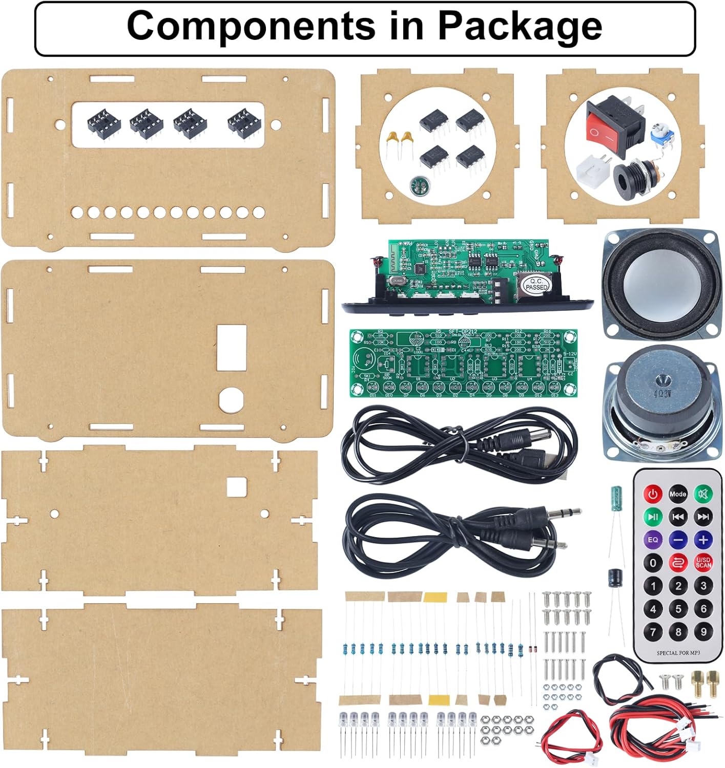 All components included in the DIY speaker kit laid out