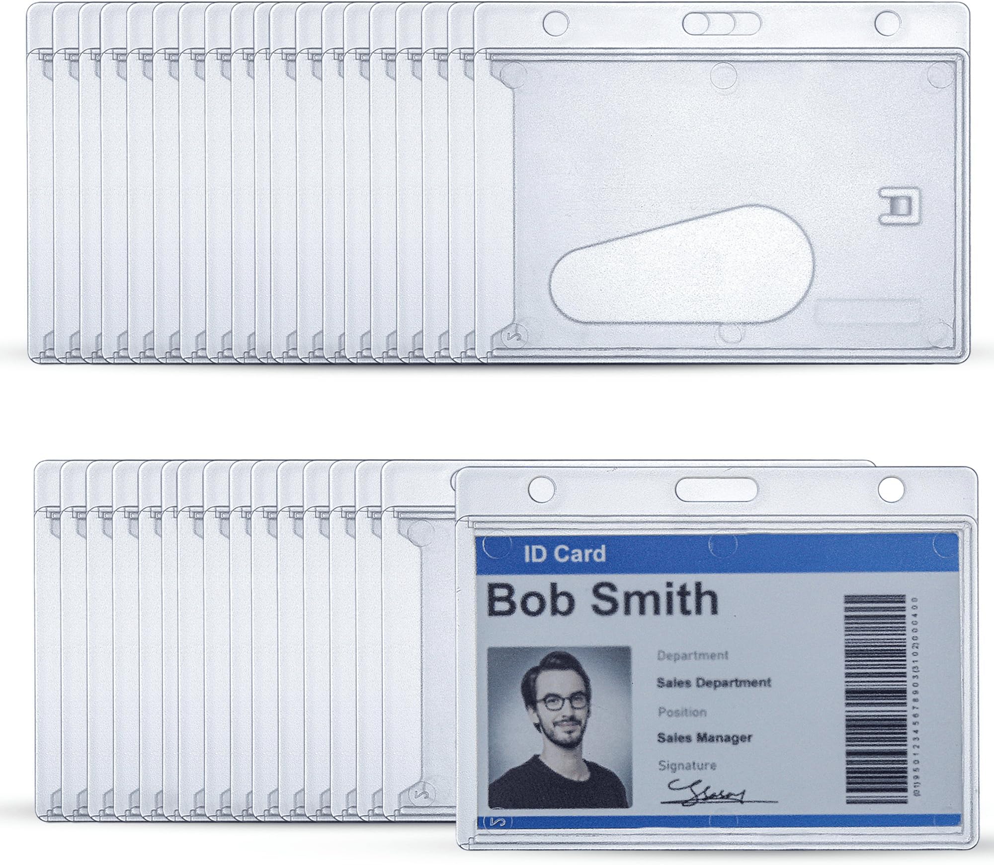 50 Pack Frosted Clear Horizontal Hard Plastic ID Card Holders – Rigid Plastic Card Holder & Badge Holder with Thumb Notch, Slot & Chain Holes – Clear Vertical Name Badge Holders for School, Nurse
