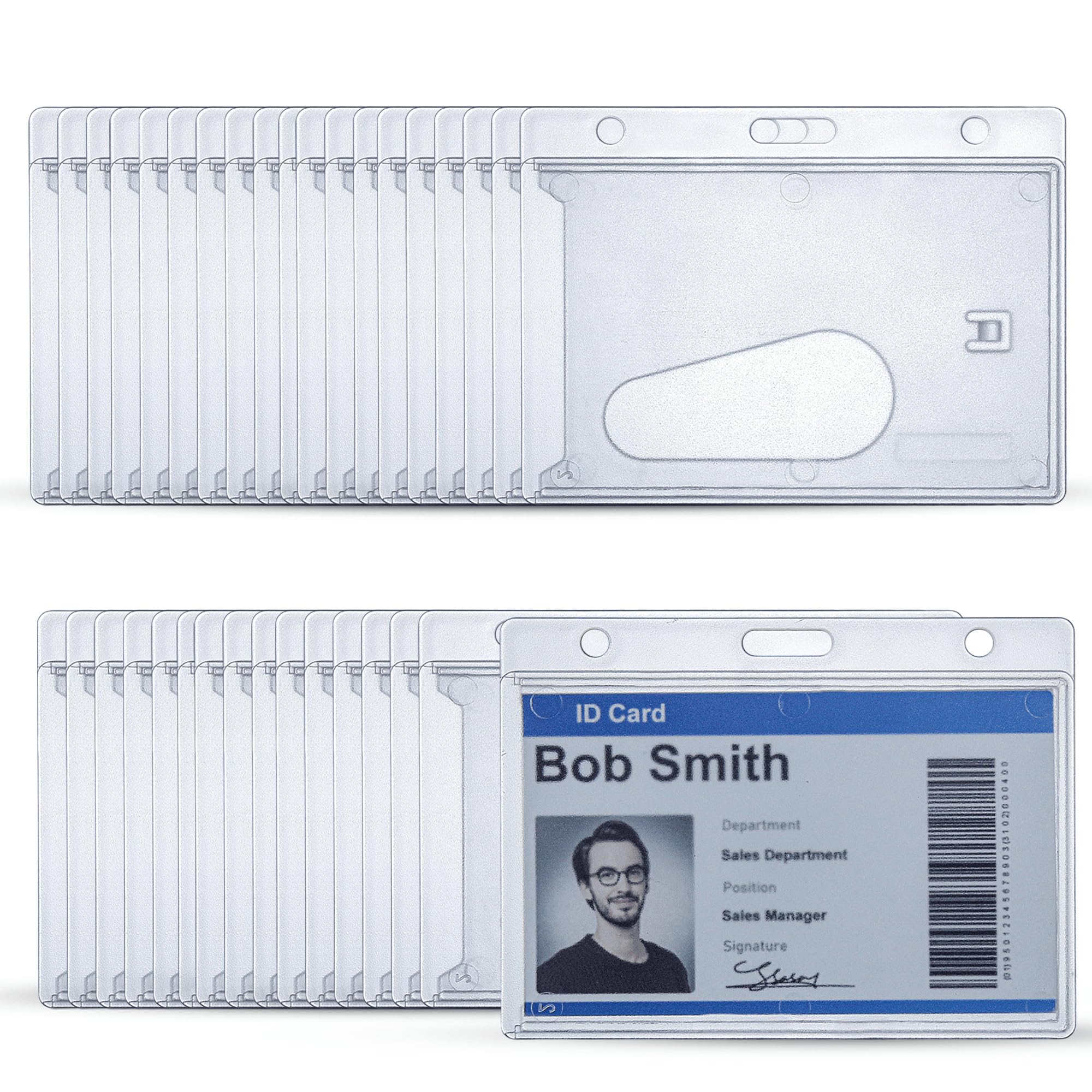 50 Pack Frosted Clear Horizontal Hard Plastic ID Card Holders – Rigid Plastic Card Holder & Badge Holder with Thumb Notch, Slot & Chain Holes – Clear Vertical Name Badge Holders for School, Nurse