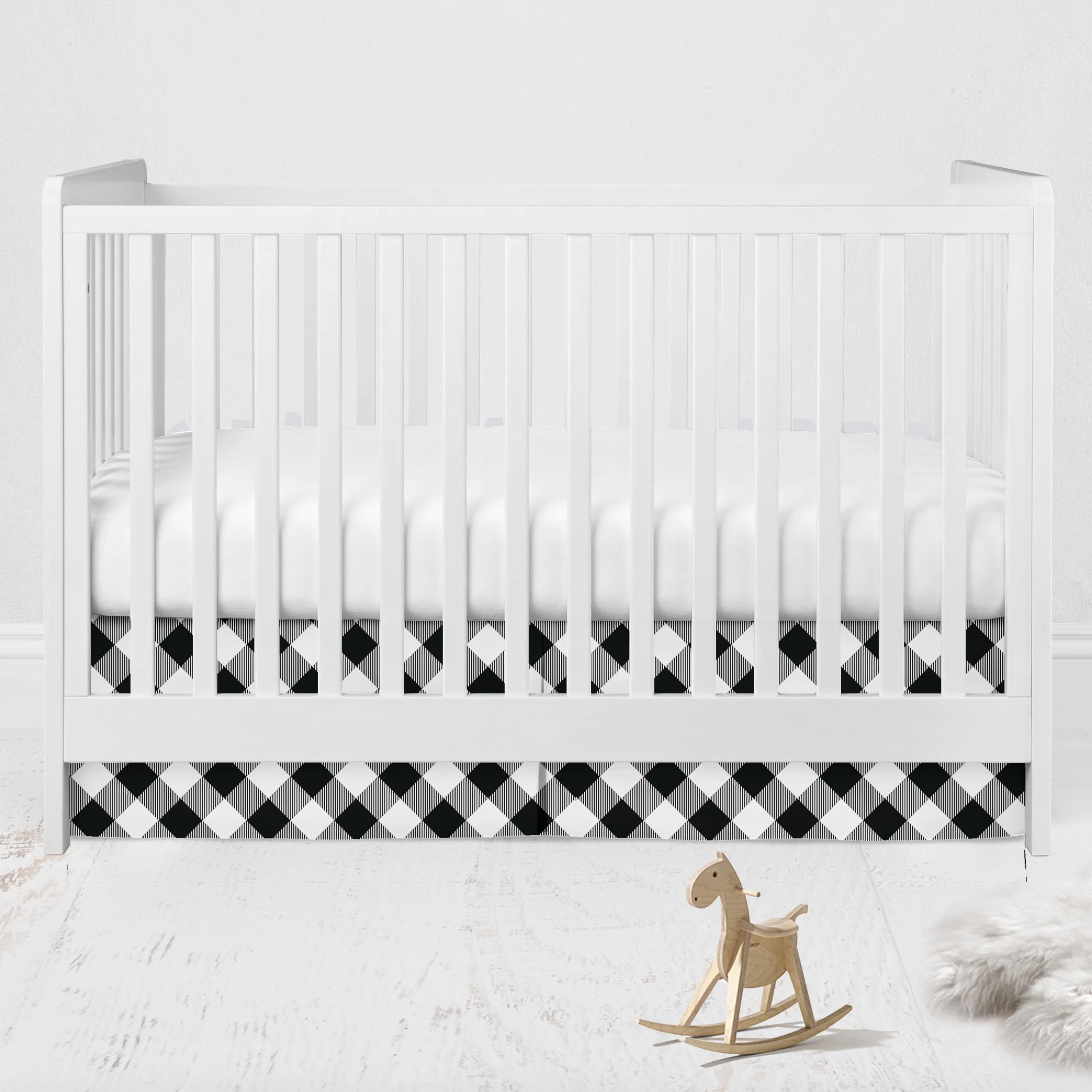 Crib or Toddler Tailored 13 inch Drop Cotton Percale Bed Skirt, Lumberjack White/Black Buffalo Plaids Print