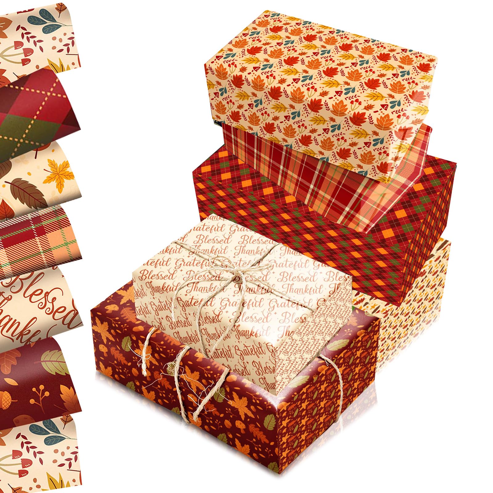 Thanksgiving Wrapping Paper Sheets 68x50cm,12 Sheets Maple Leaf Acorn Mushroom Plaid Autumn Gift Wrapping Paper,Recyclable Fall Wrapper for Party,Birthday,Festive,Thanksgiving Gift Boxes Decorations — image 1