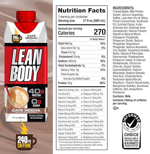 Miniatura 6 de Lean Body - Batido de proteína Café Mocha listo para beber, 240 mg de cafeína, 40g de proteína, mezcla de suero, 0 azúcar, sin gluten, 22 vitaminas
