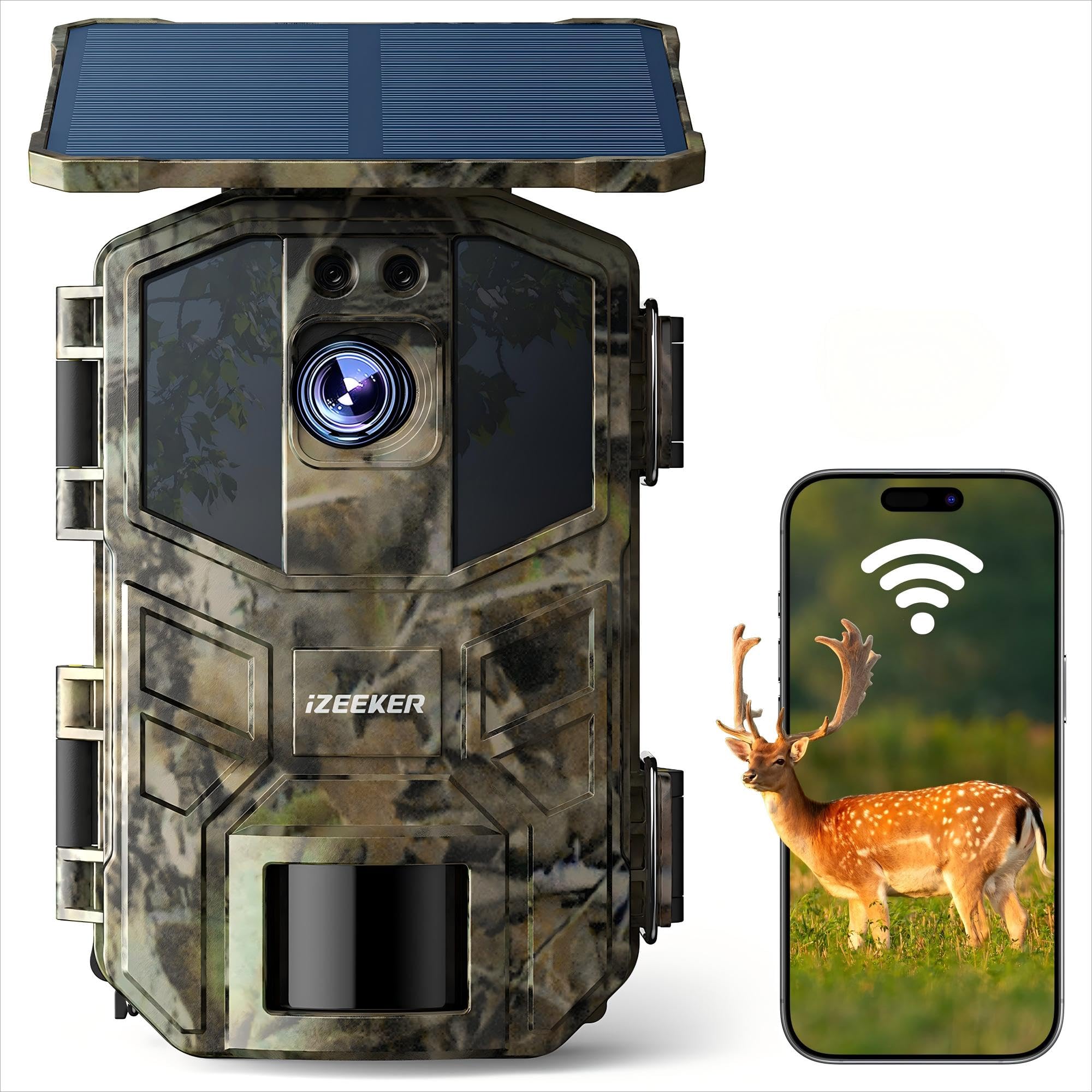 iZEEKER Solar Hunting Camera 4K 64MP WiFi 6 Bluetooth z akumulatorem 5200 mAh, wyzwalanie, kamera myśliwska noktowizor IR karta micro SD 64 GB wykrywanie ruchu, wodoodporna IP66