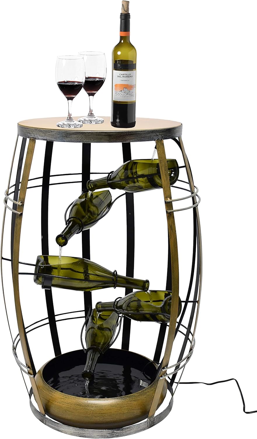 Vintage Metal Barrel Cascading Waterfall Fountain with Tiered Wine Bottles, Outdoor Water Feature, Garden Yard Patio Decor, Large Decorative Fountain