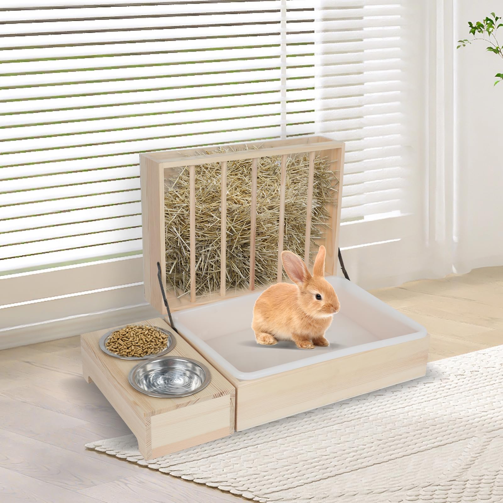 Dispensador de comida para heno de conejo, comedero de heno con caja de plástico para gatos, inodoro, cuencos y botella de agua, comedero de heno, conejo de madera para cobayas, hámsteres, animales
