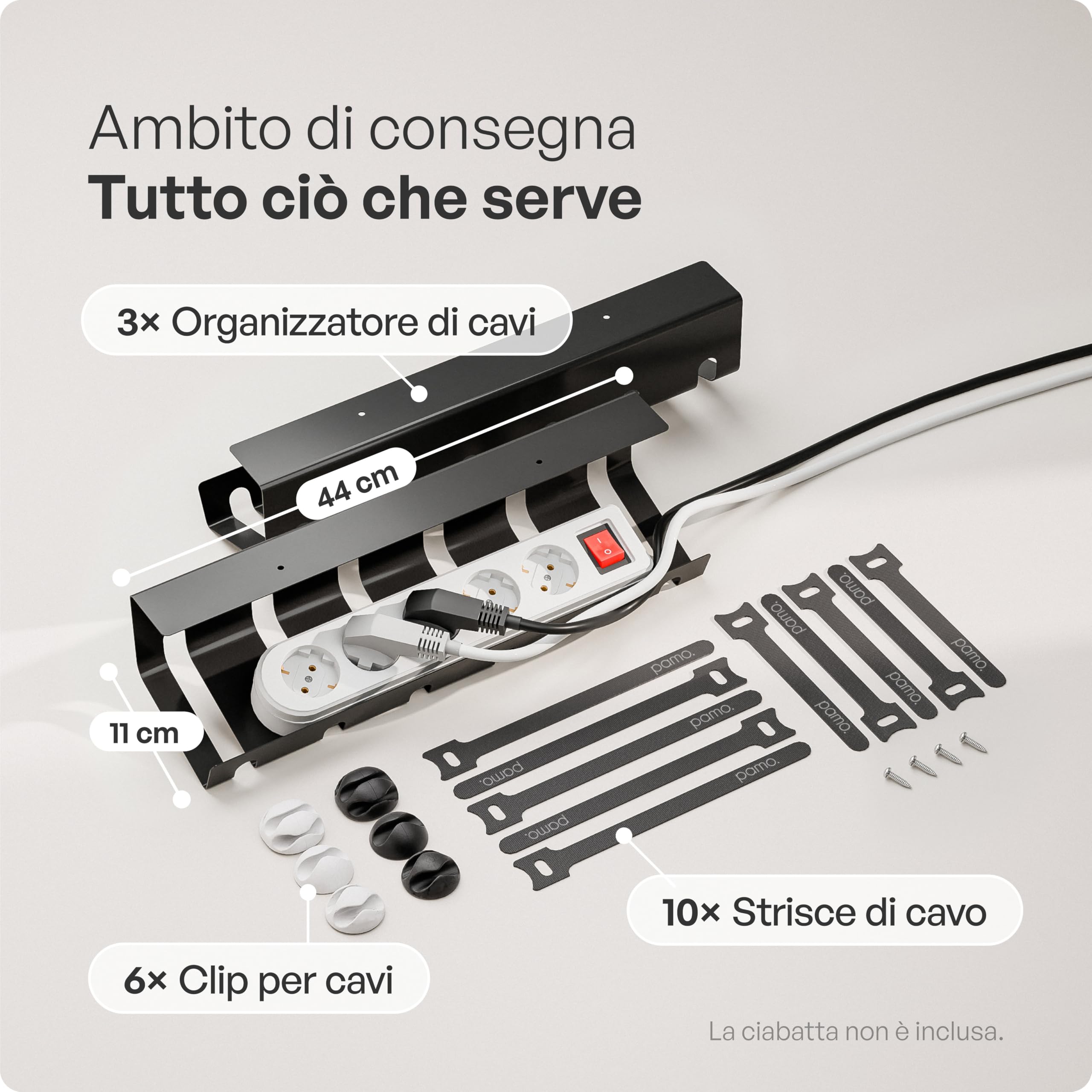 PAMO porta cavi, nera, set di 2 – incl. 10× fascette a strappo e clip per cavi – facile installazione con viti incluse – organizzatore scrivania per ufficio e casa