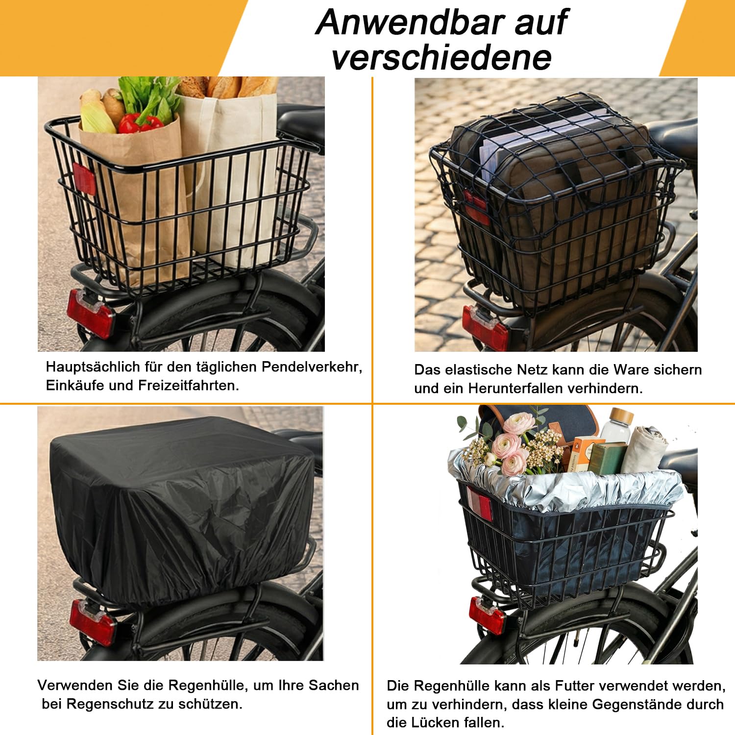Fahrradkorb für hinten mit Regenschutz und Gepäcknetz. Großzügiger, robuster und langlebiger Metall-Fahrradkorb für die meisten Fahrräder und E-Bikes