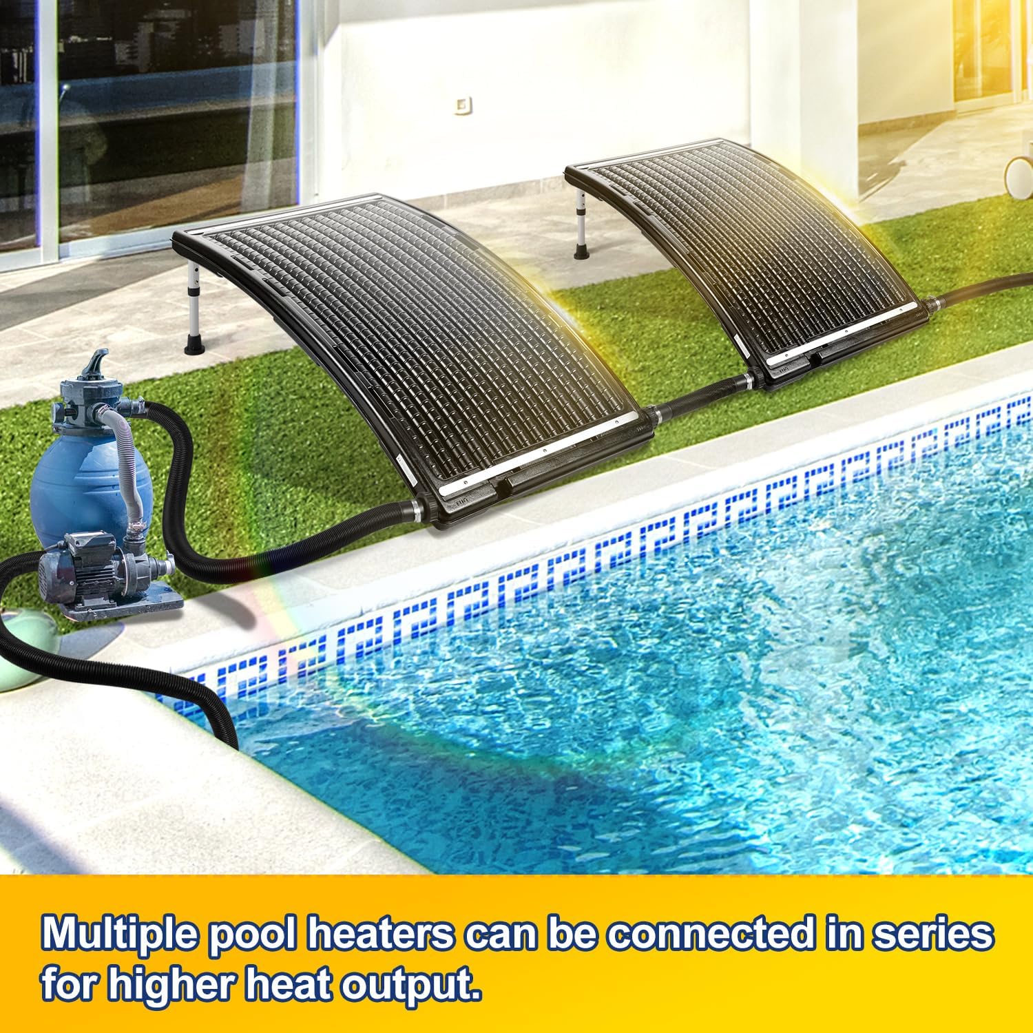 2Set Solar Pool Heater for Above Ground Pool, Thickened Panel 113x69 cm, Solar Pool Heaters, Includes 4 Adapters, 4 Hoses & Clamps, 4 Plumbers Tapes