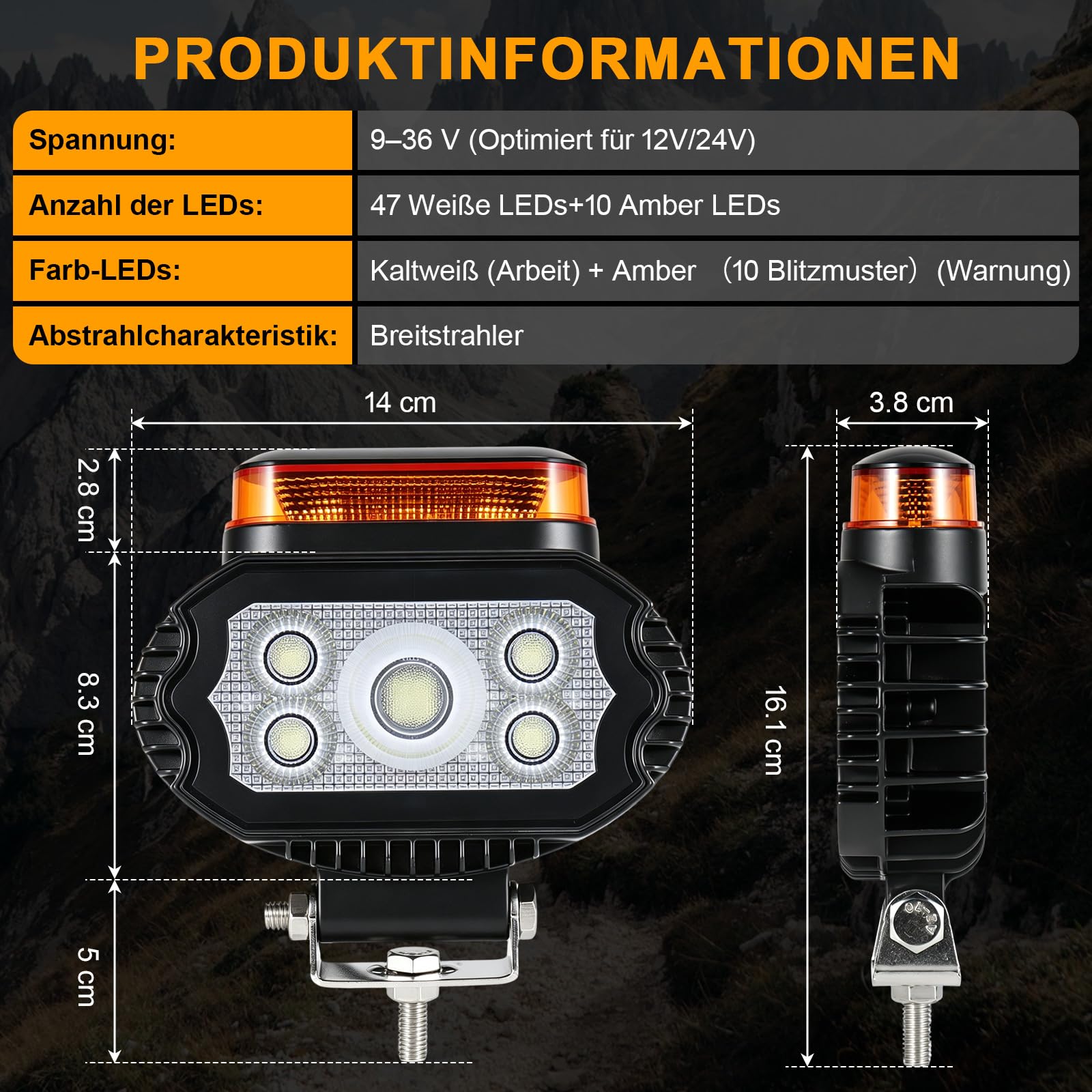 2-in-1 LED Arbeitsscheinwerfer 12V/24V Flutlicht mit Bernstein Warnlicht