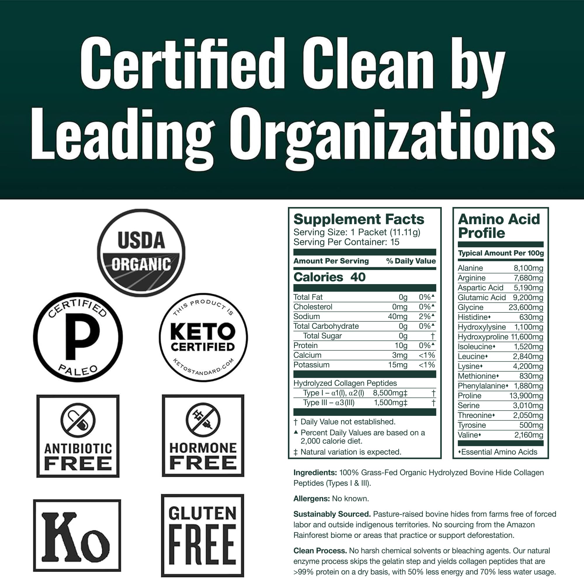 Natural Force Organic Clean Collagen Peptides Powder - USDA Certified Organic & Non-GMO, Keto & Paleo Certified - Hydrolyzed Type I & III Protein Powder with Essential Amino Acids, 15 Packets — Amazon image 4