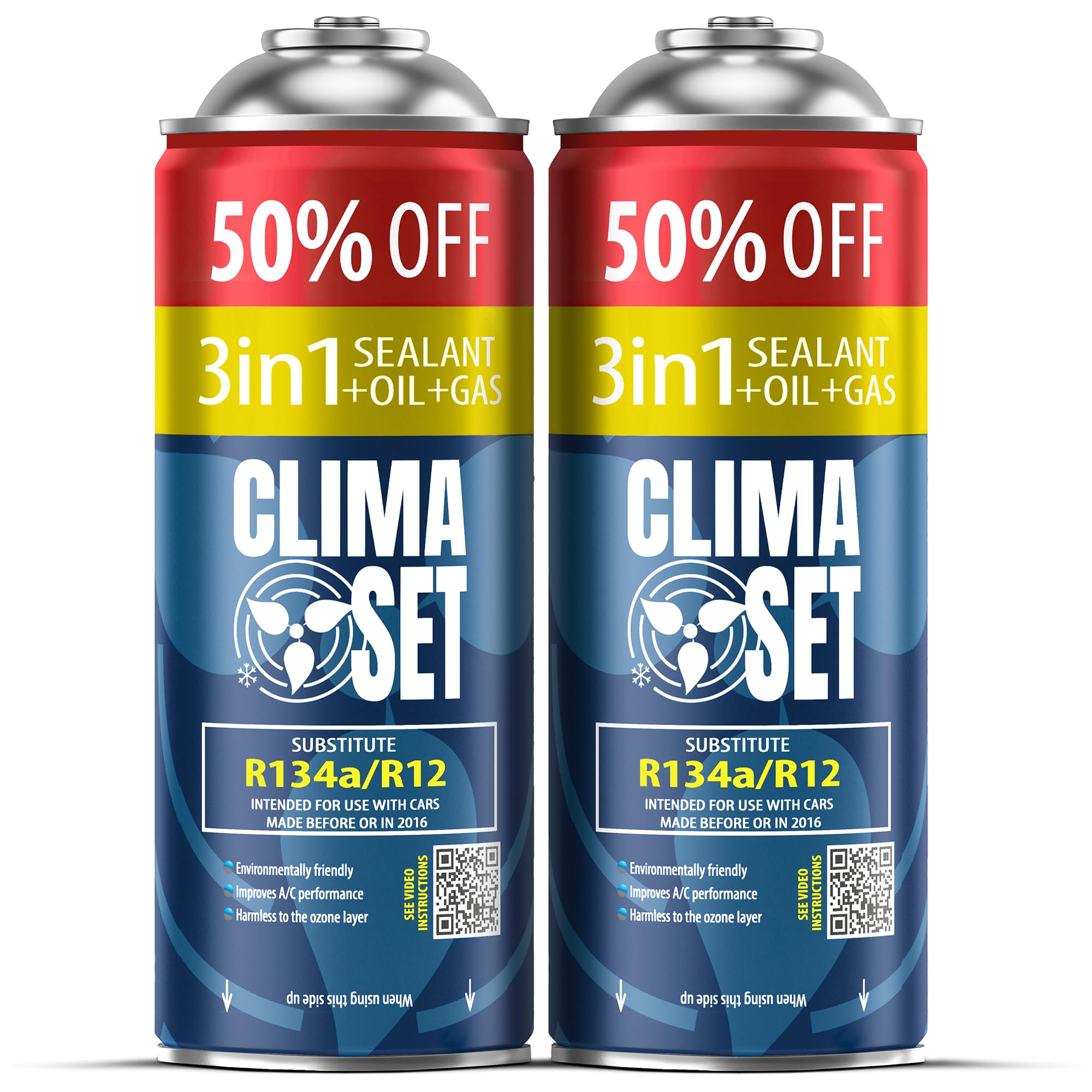 ClimaSet 3in1 R134a Kältemittel Ersatzgas - Kühlmittel Klima Auto mit Klima Dichtmittel und Öl - Gasflasche 2x235 g - Auto Klimaanlage Nachfüllset - Klimaanlage Wohnmobil - ECO