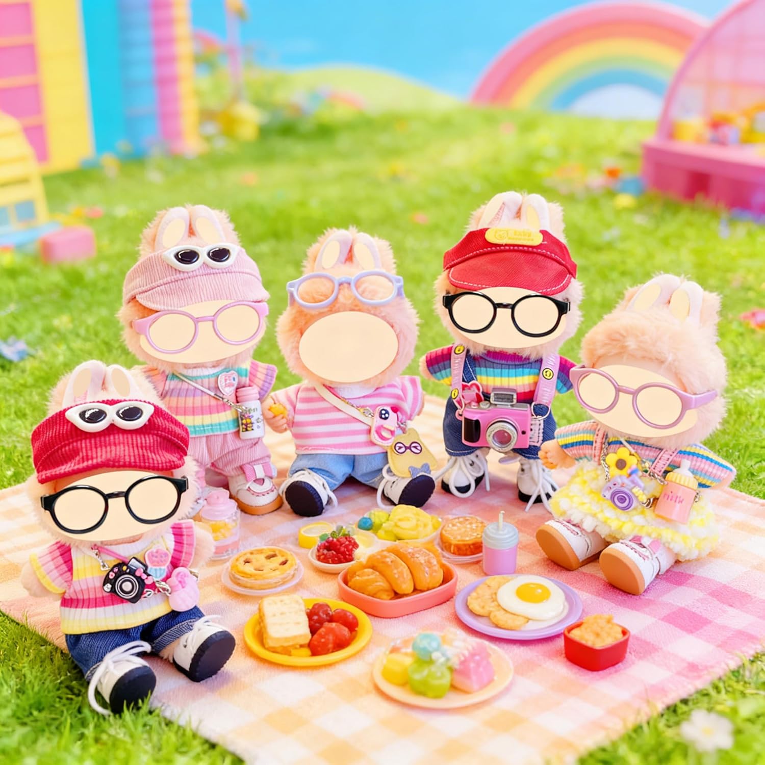 5-Set Rainbow Clothes Bundle for Doll, Includes 5 Mini Hangs, Large Clear Display Bag with Strap Keychain, 5 Hangers and Rack, Camera, Glasses, Shoes Accessories for Colorful Dressing up(No Doll)
