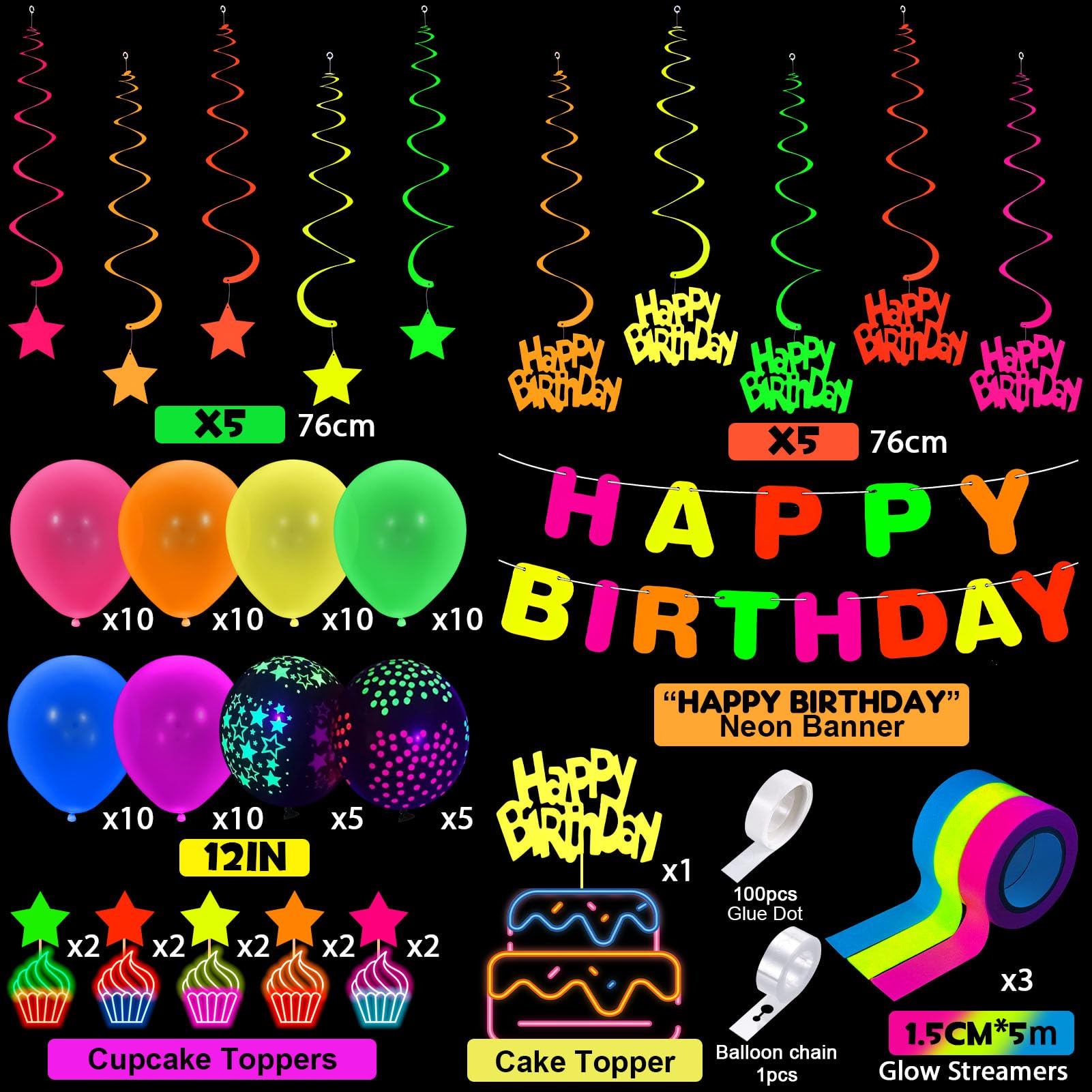 Neon-Leuchtbanner "Happy Birthday" – 250x98 Cm, Vorgespannt, Fluoreszierend Unter Schwarzlicht, Für Neon-Partys & Dekoration