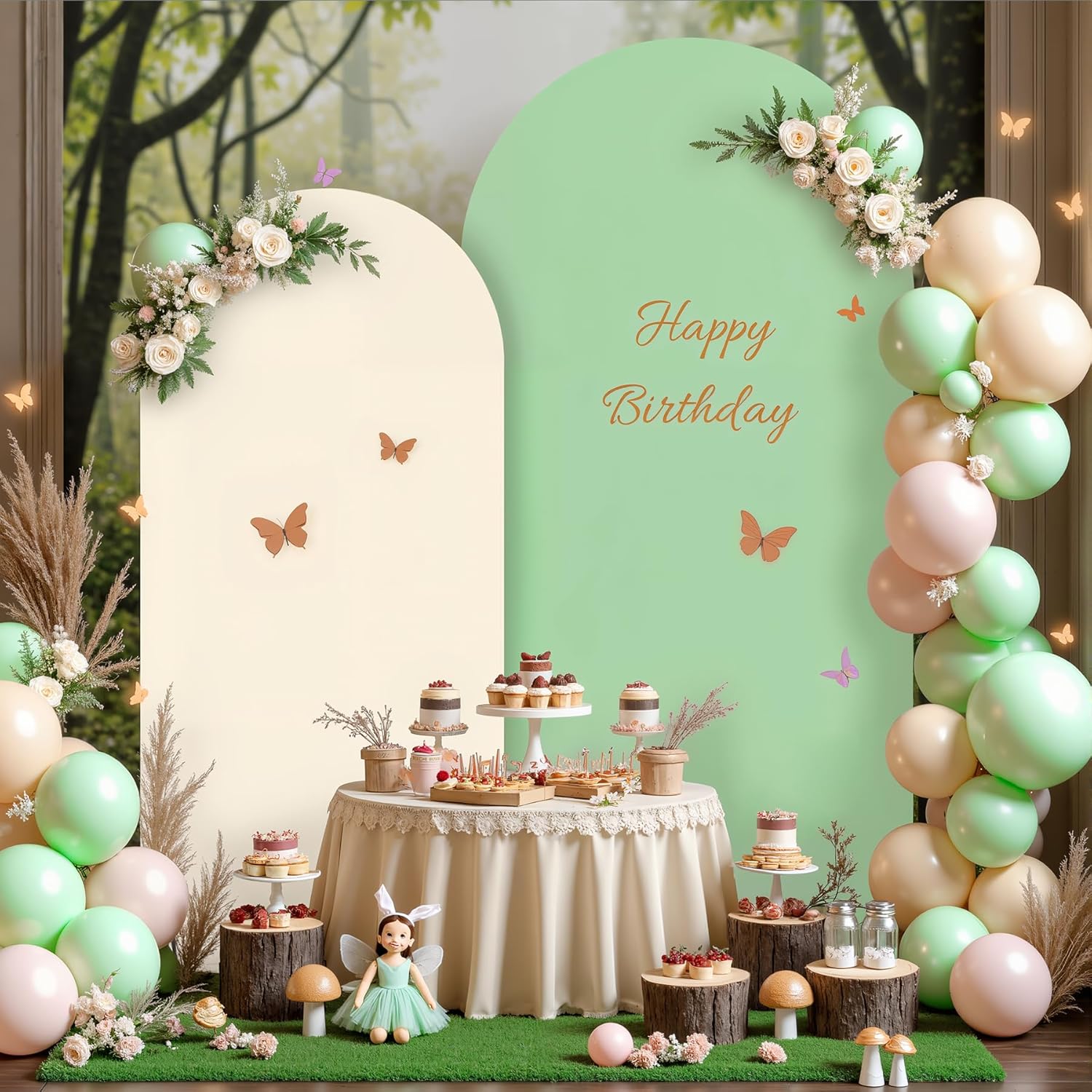 Tao-Ge Boho Arch Backdrop Cover Set of 2 - 7.2FT & 6FT Wedding Arch Covers - Double-Color Sage Green & Beige - Spandex Fitted Fabric - Stretchy Backdrop for Party, Baby Shower, Birthday Decoration
