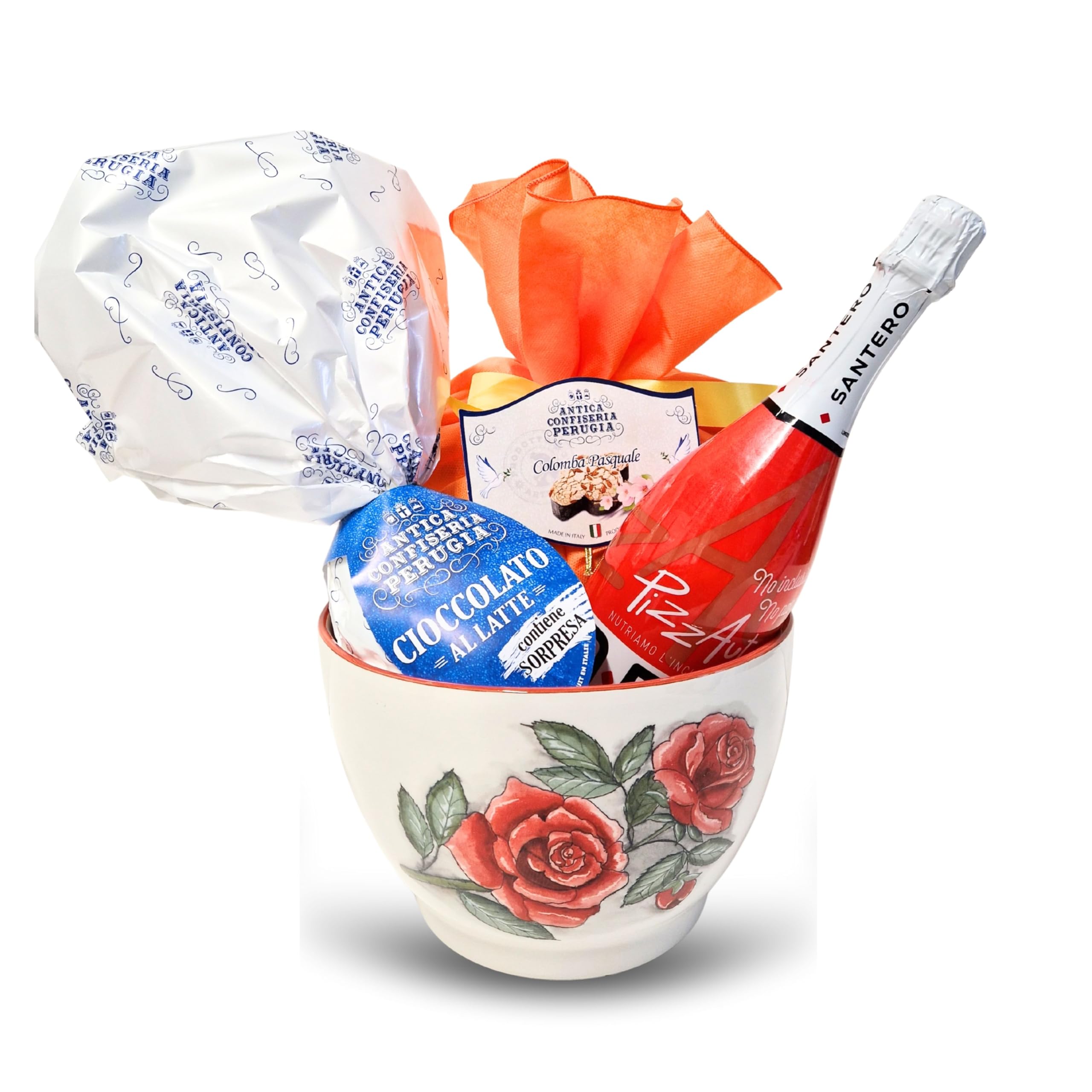 Speciale Italia – Centrotavola Rose Pasquale, Confezione Regalo con Colomba, Uovo di Pasqua e Spumante, Cesto Dolce in Ceramica Italiana Lavorata a Mano