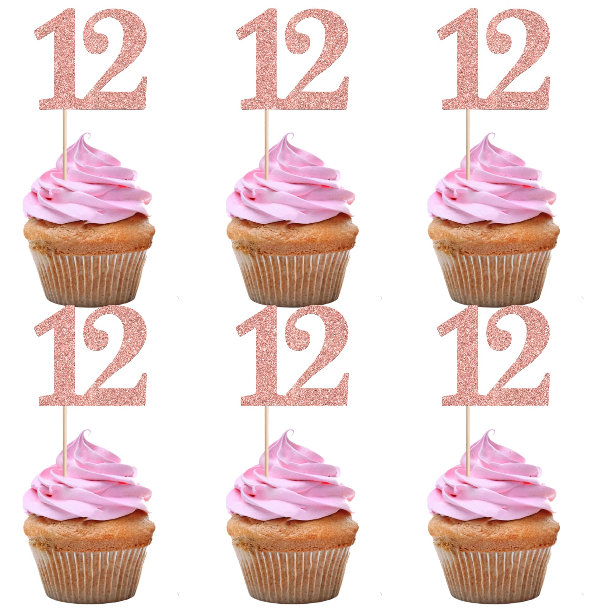 Xsstarmi 36 Pack Number 12 Cupcake Toppers Glitter Cheers to 12 Years Birthday Cupcake Picks Decoration for Happy 12th Birthday Wedding Anniversary Party Cake Decorations Rose Gold