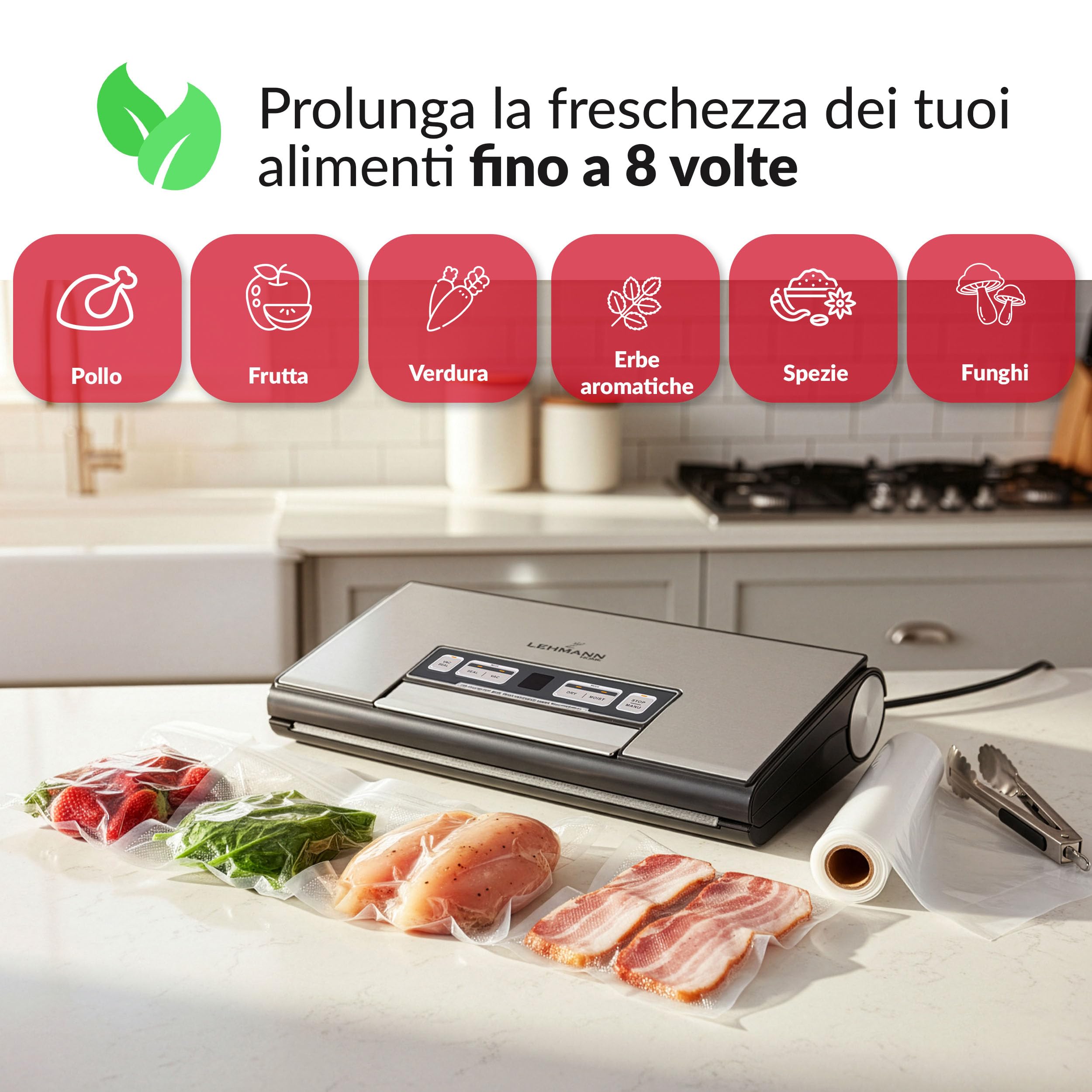 LEHMANN Macchina Sottovuoto Alimenti, Macchine Sottovuoto per Alimenti Secchi e Umidi, 5 Modalità, Conservazione Prolungata Alimentare, Saldatura Lunga 30 cm, Taglierina, Tubo di Aspirazione incl.