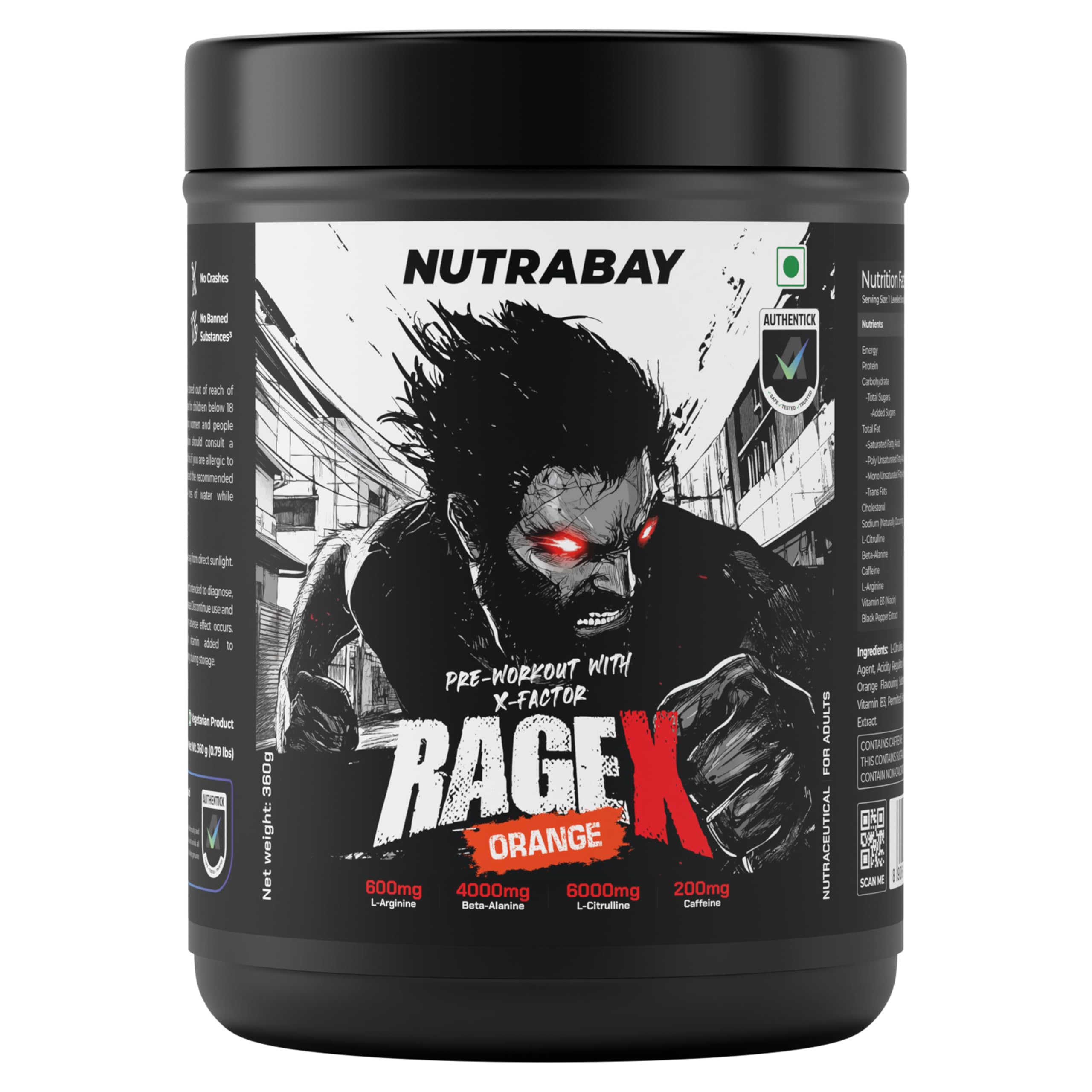 Nutrabay RageX Pre Workout Supplement Powder - 360g, Orange | 200mg Caffeine, 4g Beta Alanine, 6g L-Citrulline, 600mg L-Arginine, & Black Pepper | Muscle Pump & Performance-image-45